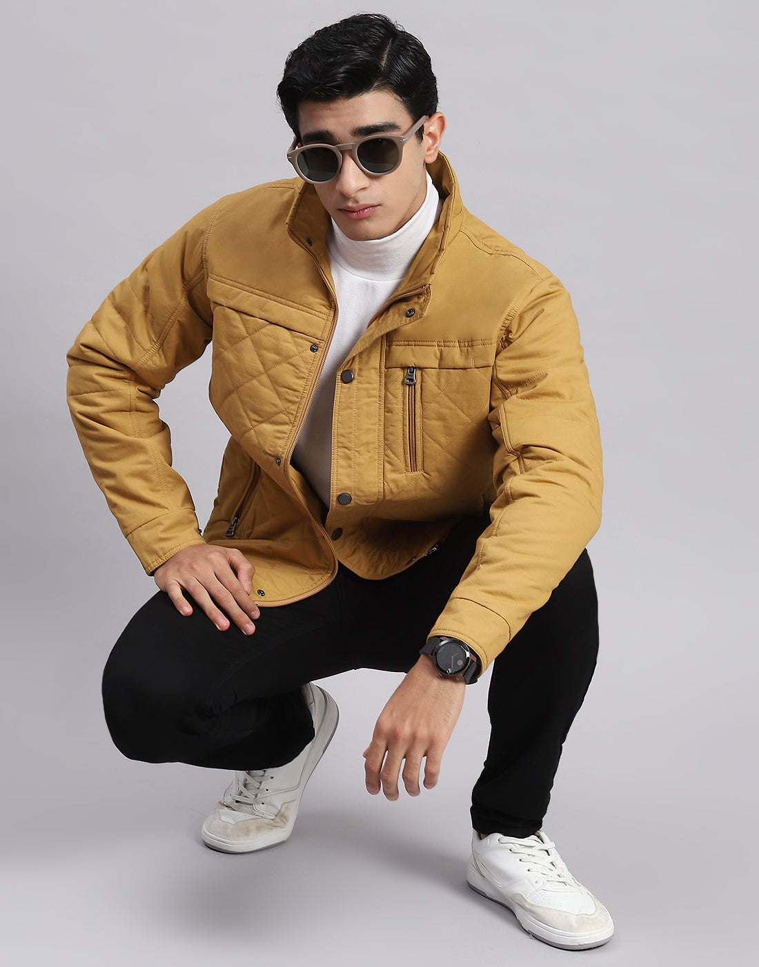 Men Yellow Solid Stand Collar Full Sleeve Jackets