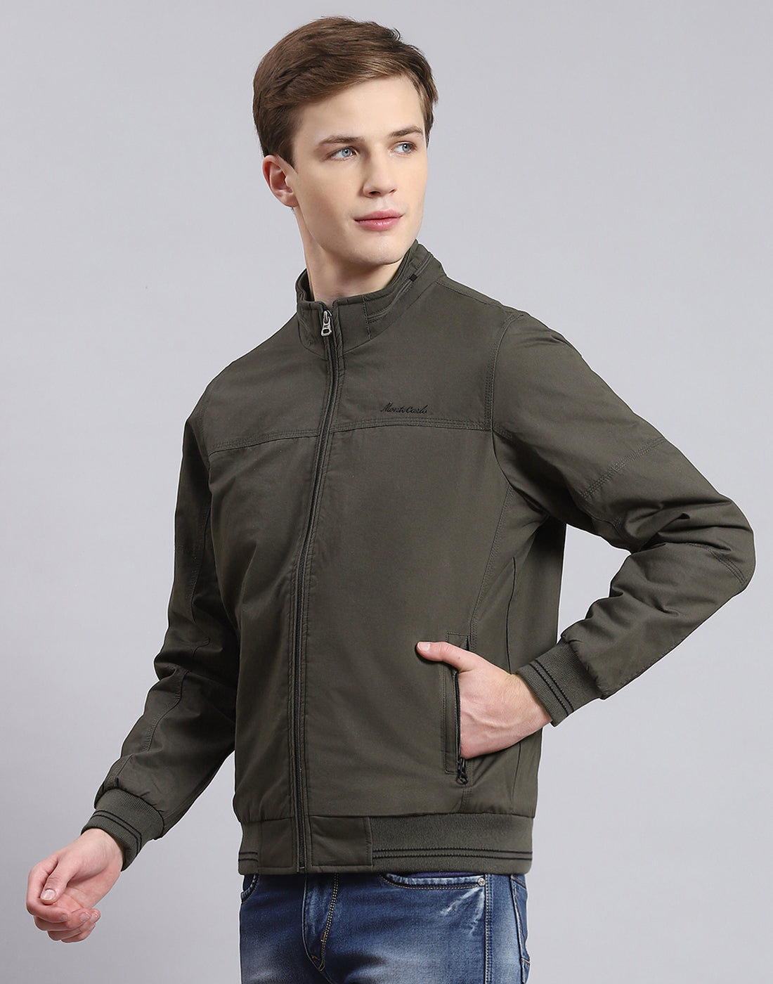 Men Olive Solid Stand Collar Full Sleeve Jacket