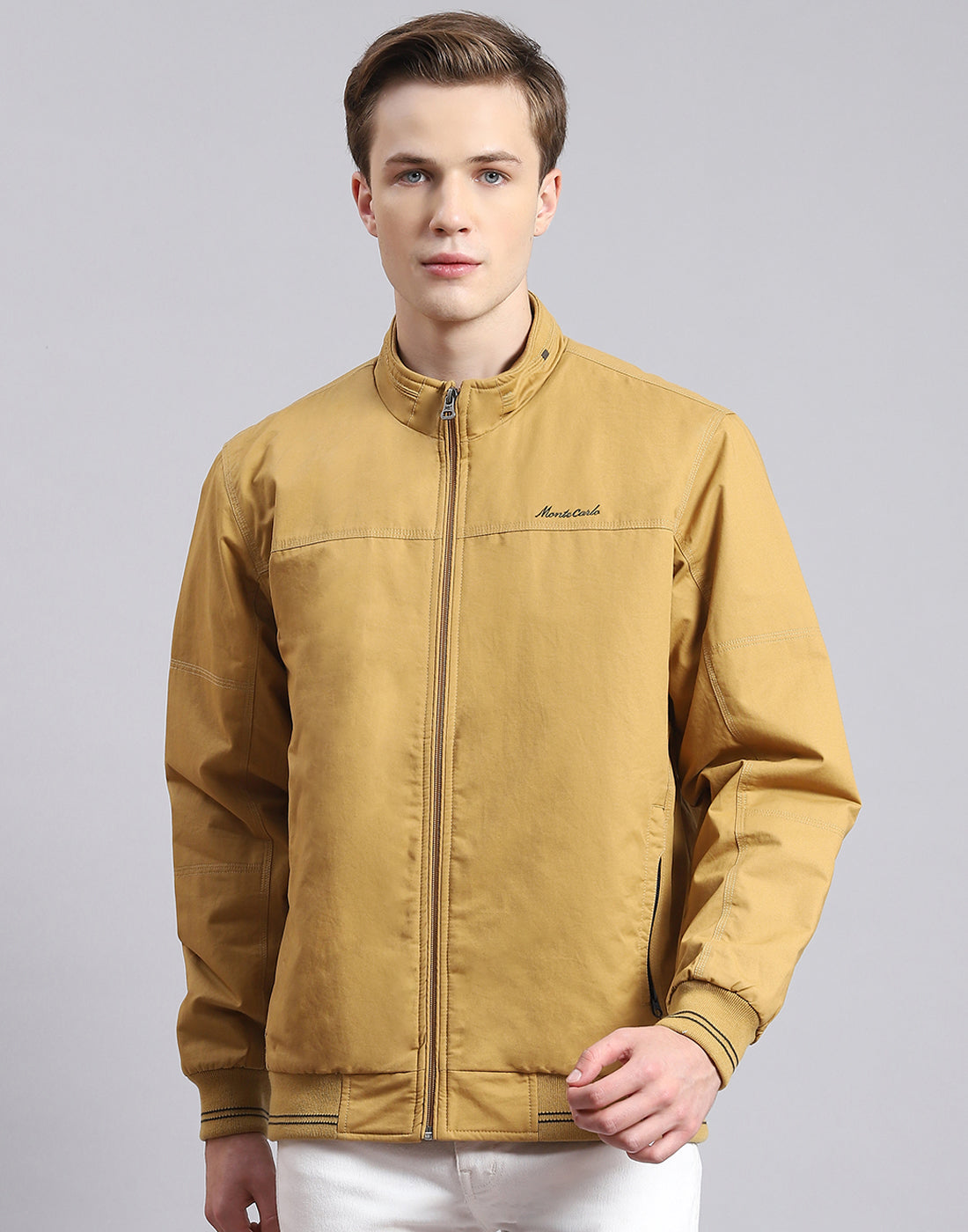 Men Mustard Solid Stand Collar Full Sleeve Jacket
