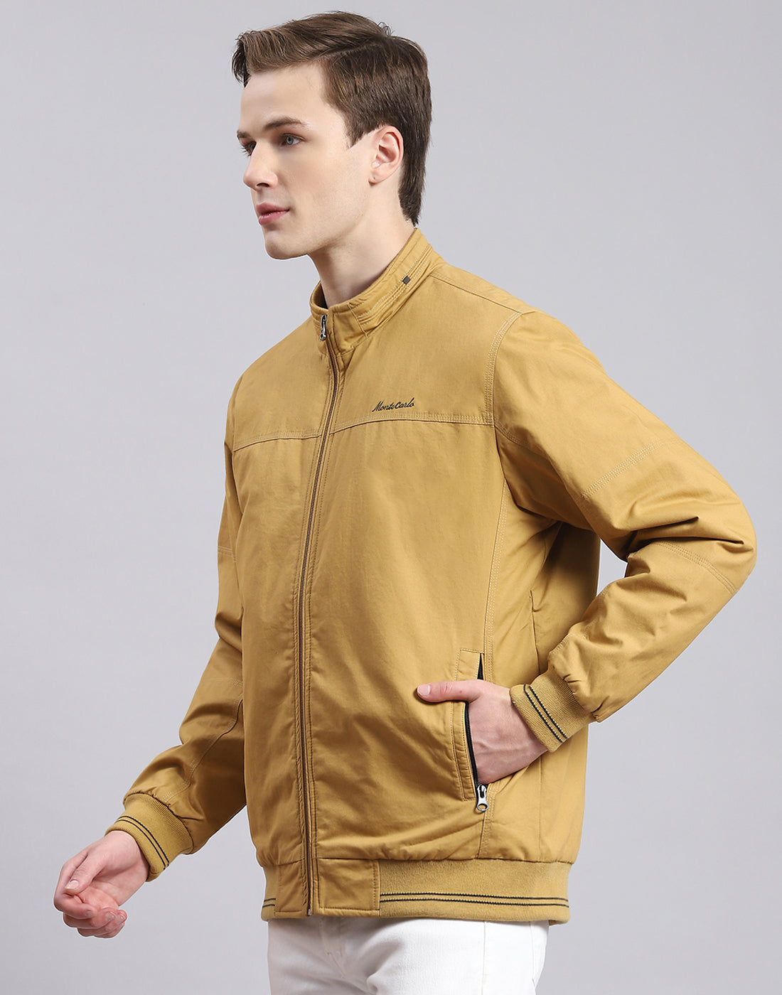 Men Mustard Solid Stand Collar Full Sleeve Jacket