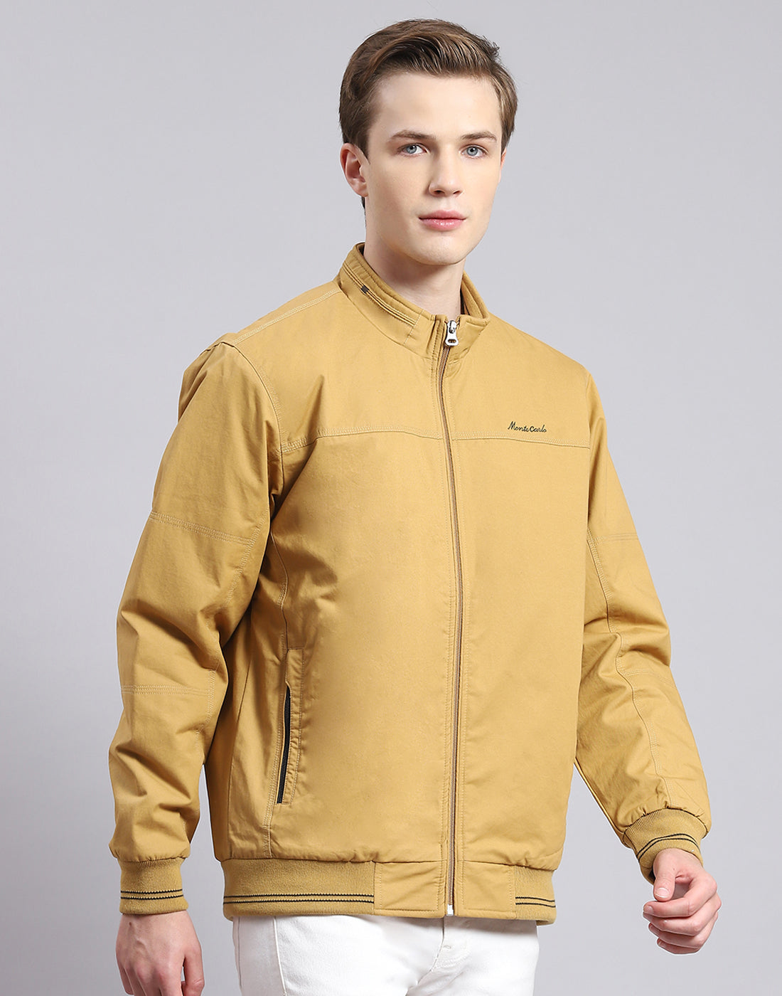 Men Mustard Solid Stand Collar Full Sleeve Jacket