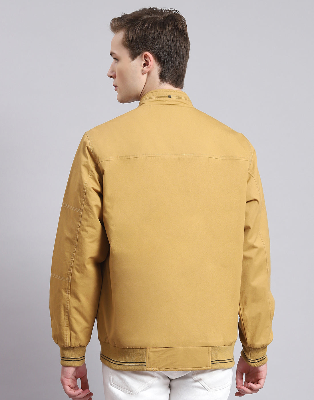 Men Mustard Solid Stand Collar Full Sleeve Jacket