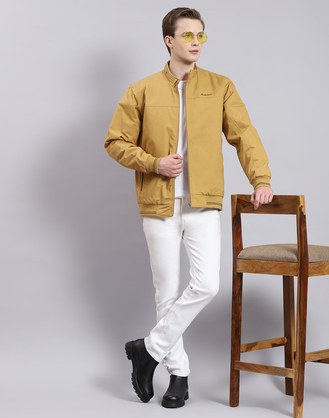 Men Mustard Solid Stand Collar Full Sleeve Jacket