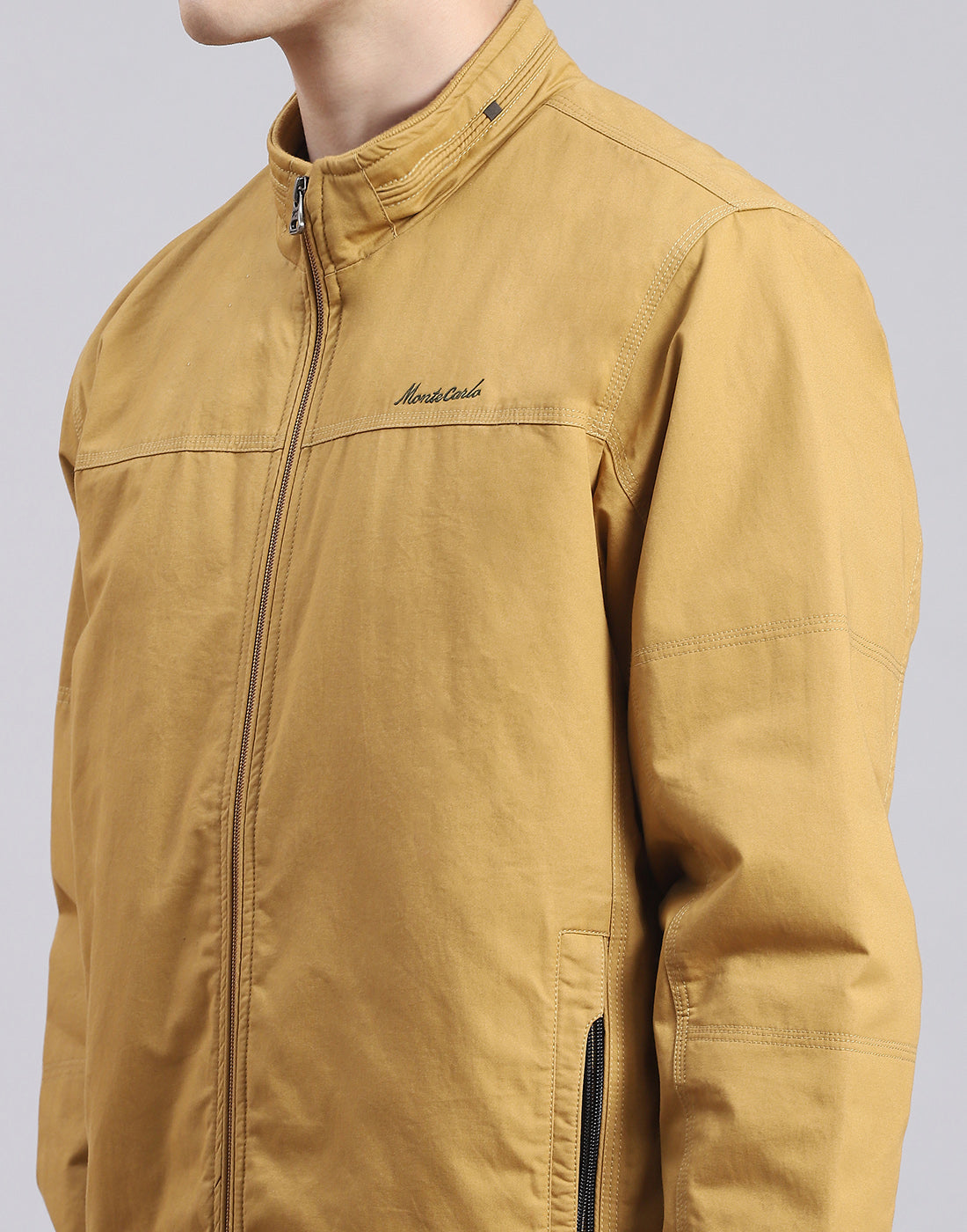 Men Mustard Solid Stand Collar Full Sleeve Jacket