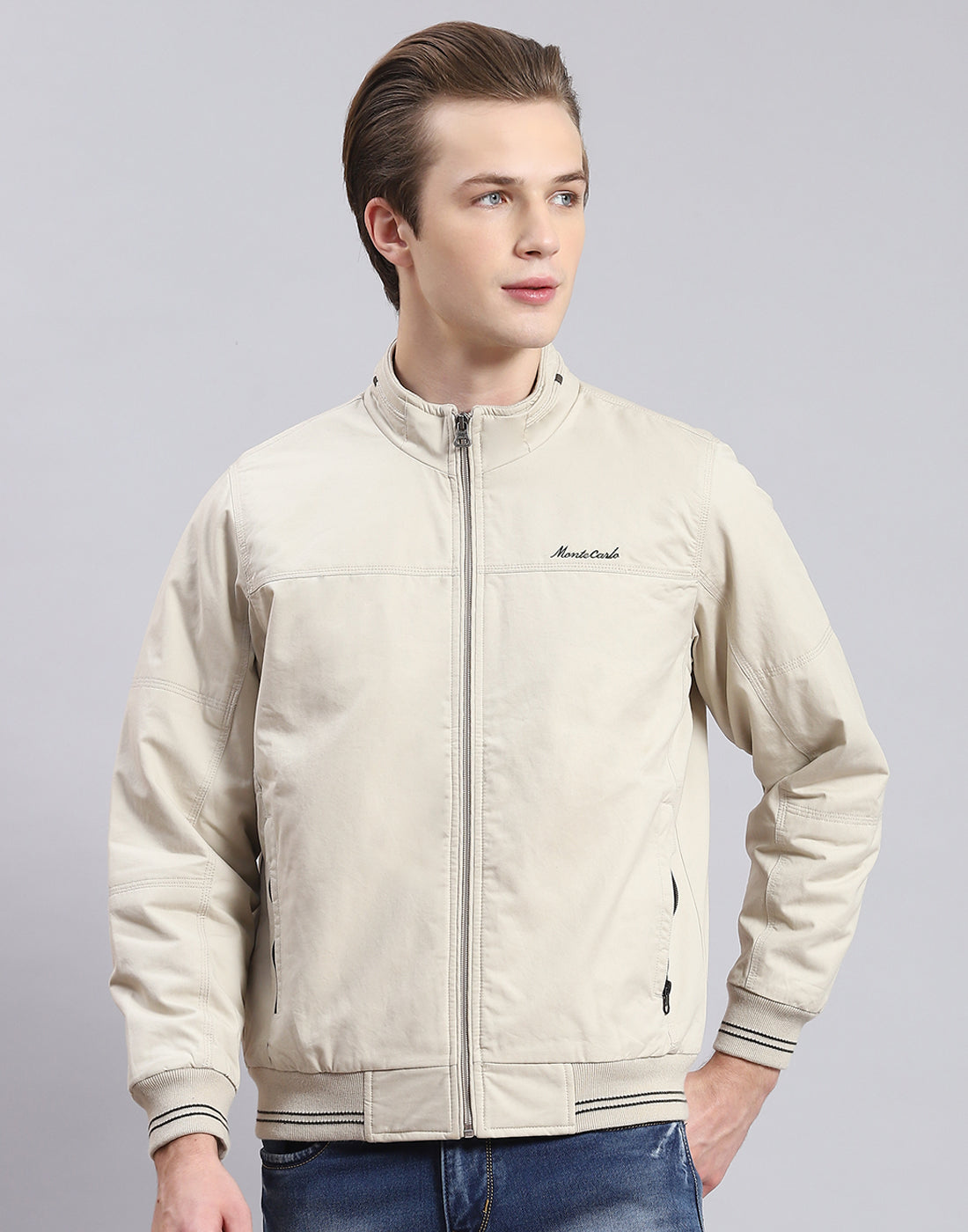 Men Beige Solid Stand Collar Full Sleeve Jacket