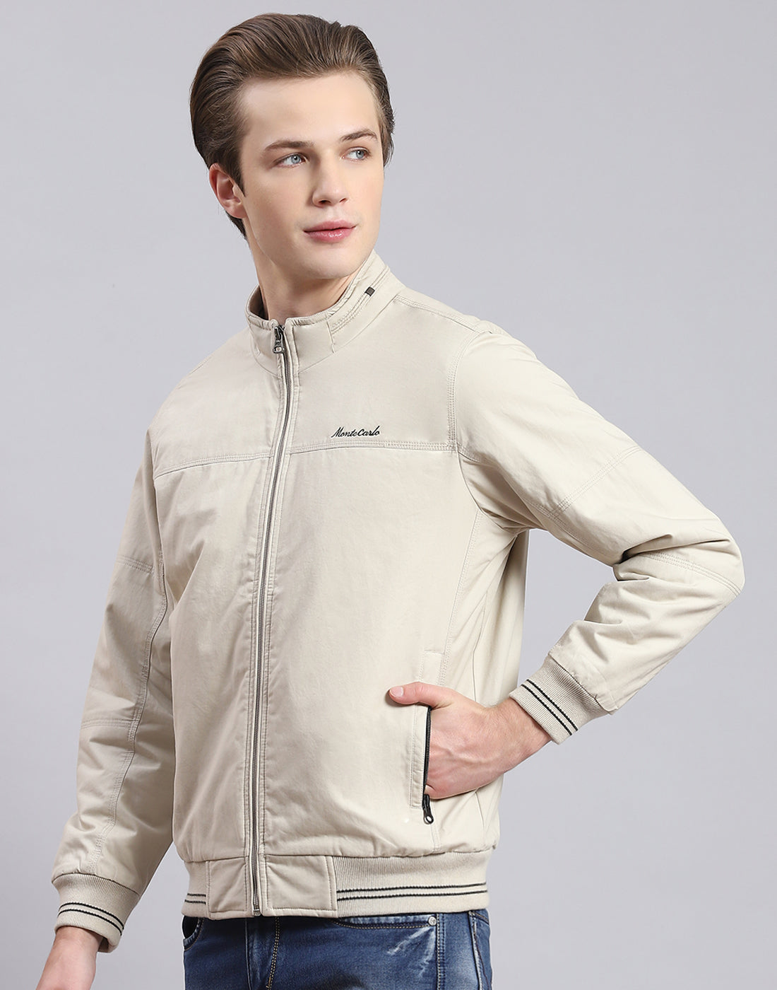 Men Beige Solid Stand Collar Full Sleeve Jacket