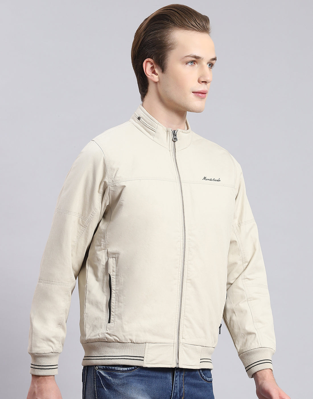 Men Beige Solid Stand Collar Full Sleeve Jacket
