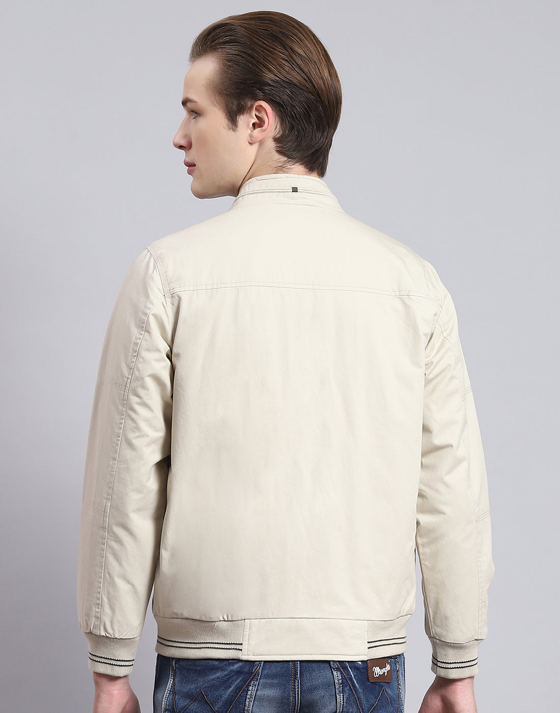 Men Beige Solid Stand Collar Full Sleeve Jacket