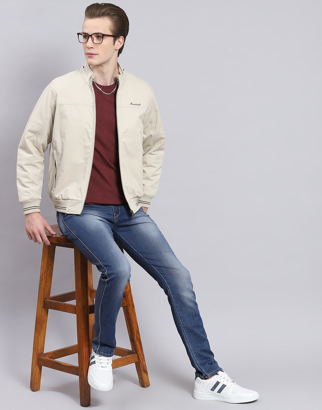 Men Beige Solid Stand Collar Full Sleeve Jacket