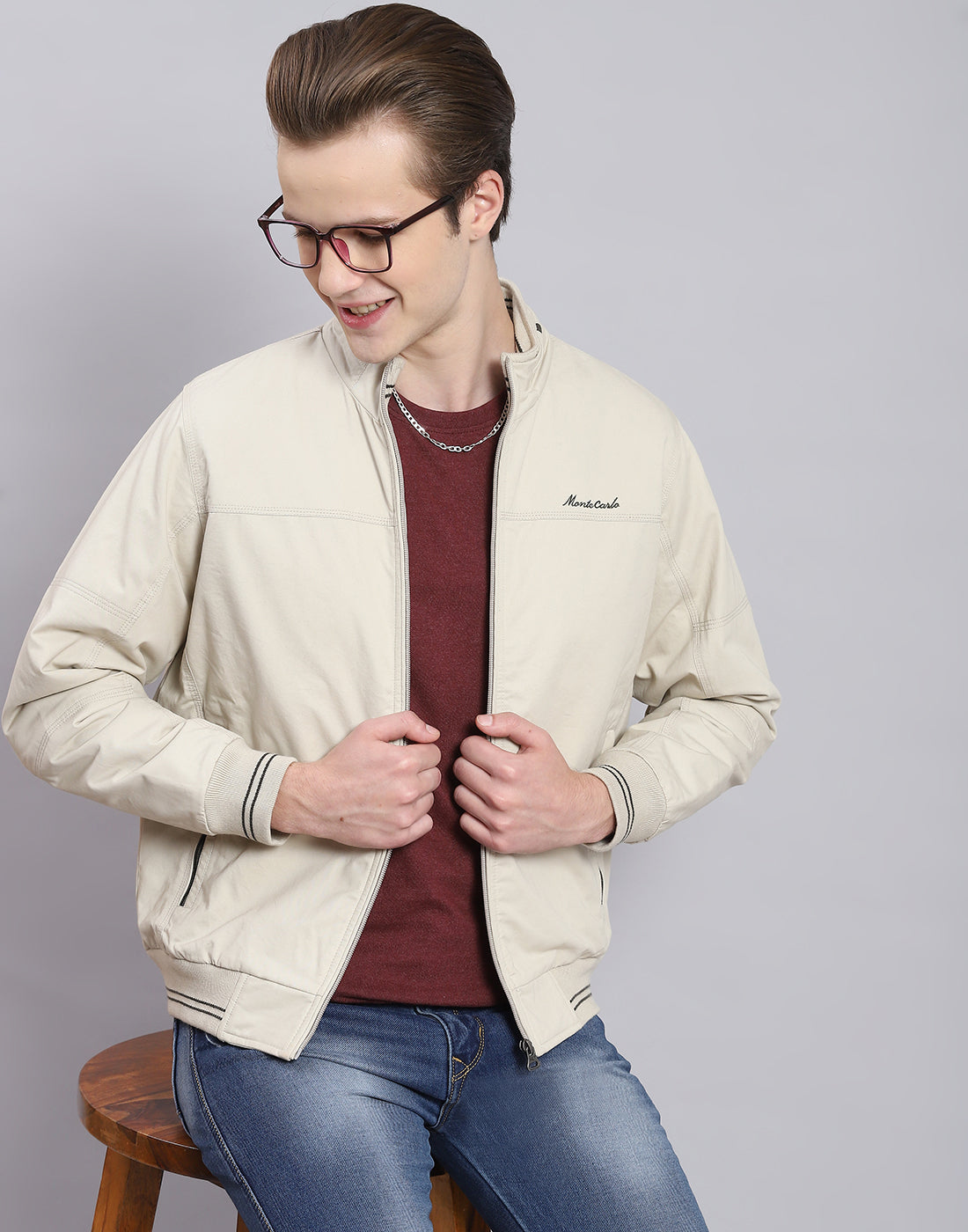 Men Beige Solid Stand Collar Full Sleeve Jacket