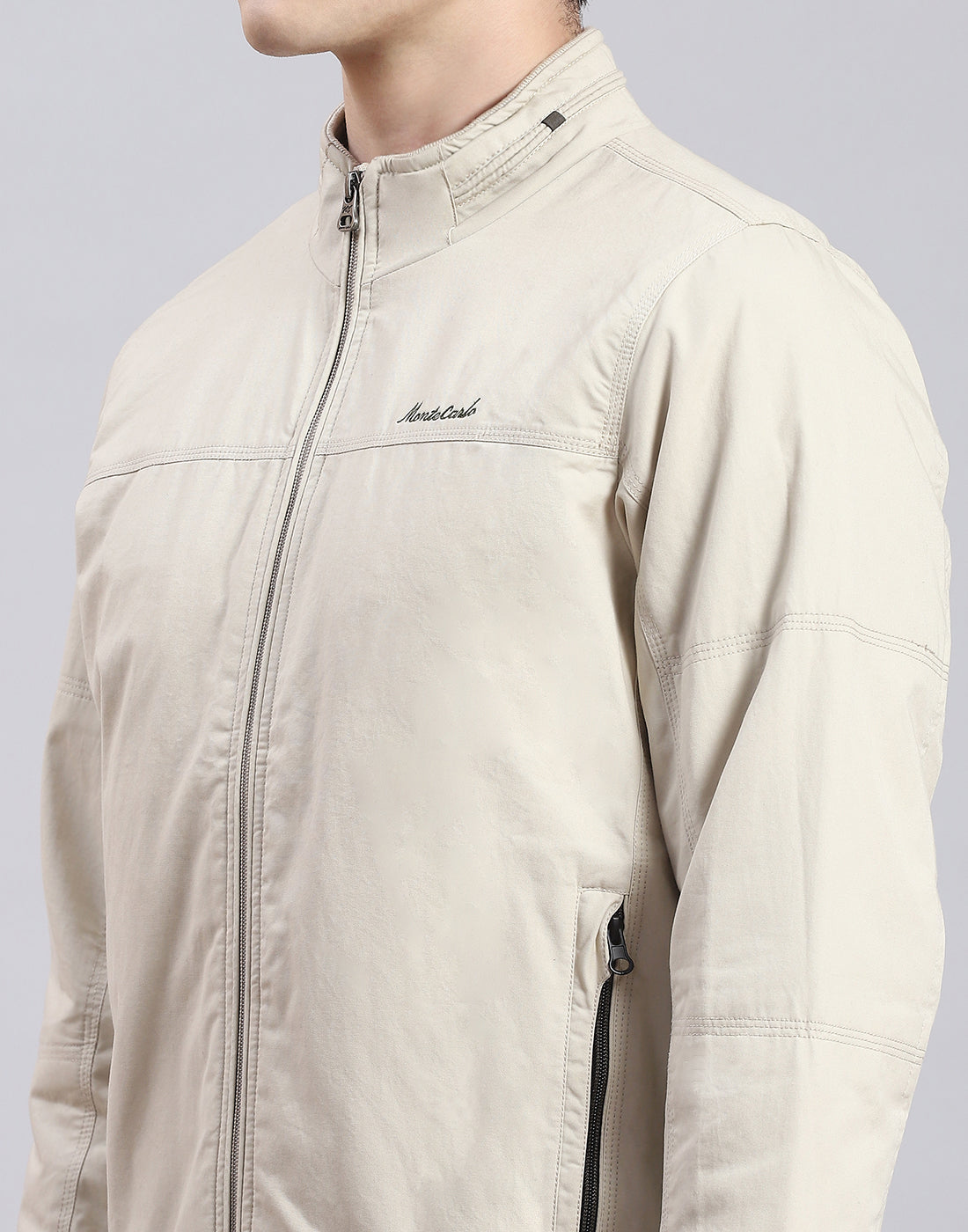 Men Beige Solid Stand Collar Full Sleeve Jacket