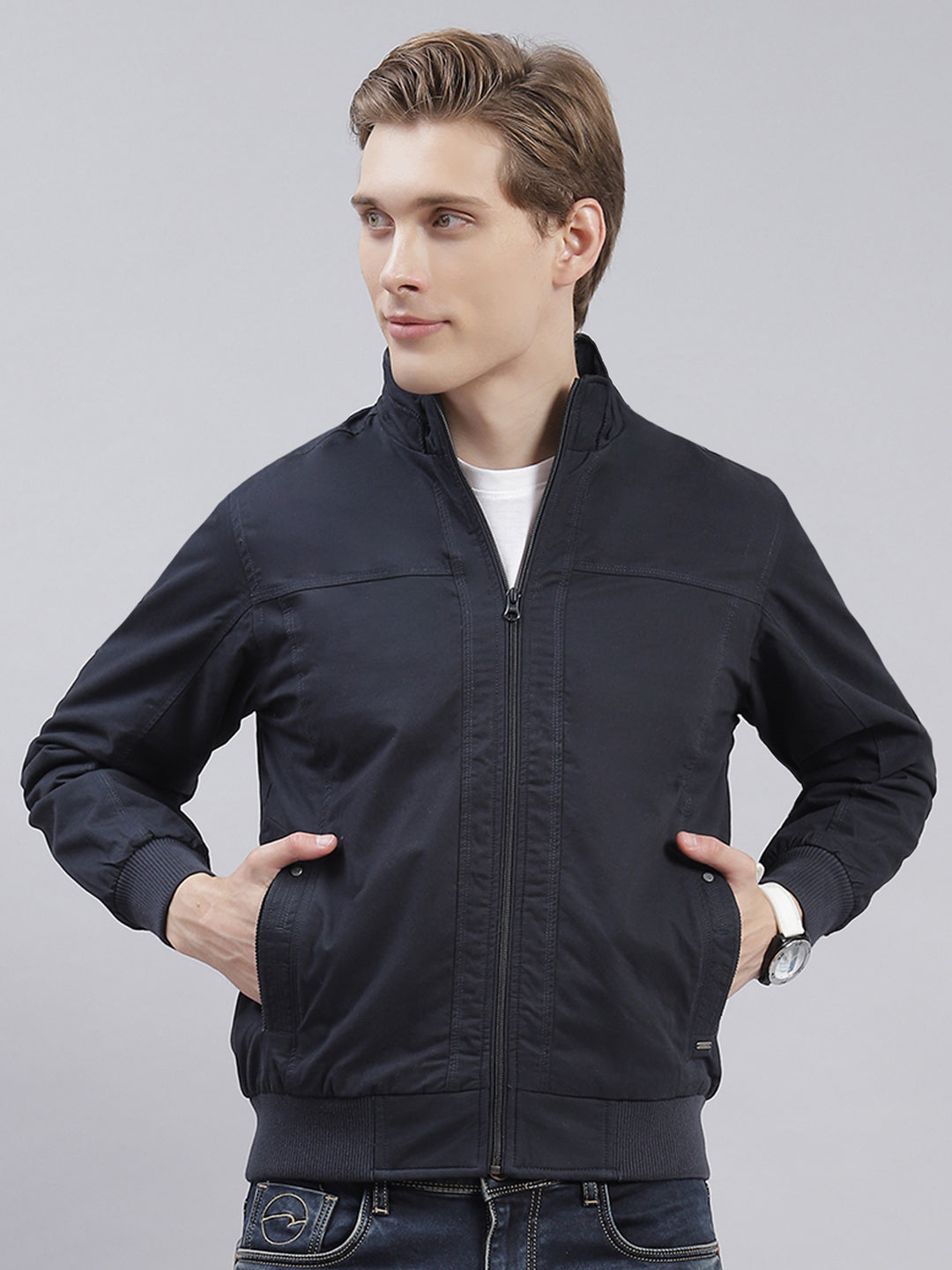 Men Navy Blue Solid Stand Collar Full Sleeve Jackets