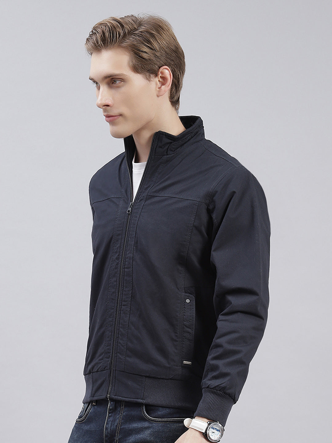 Men Navy Blue Solid Stand Collar Full Sleeve Jackets