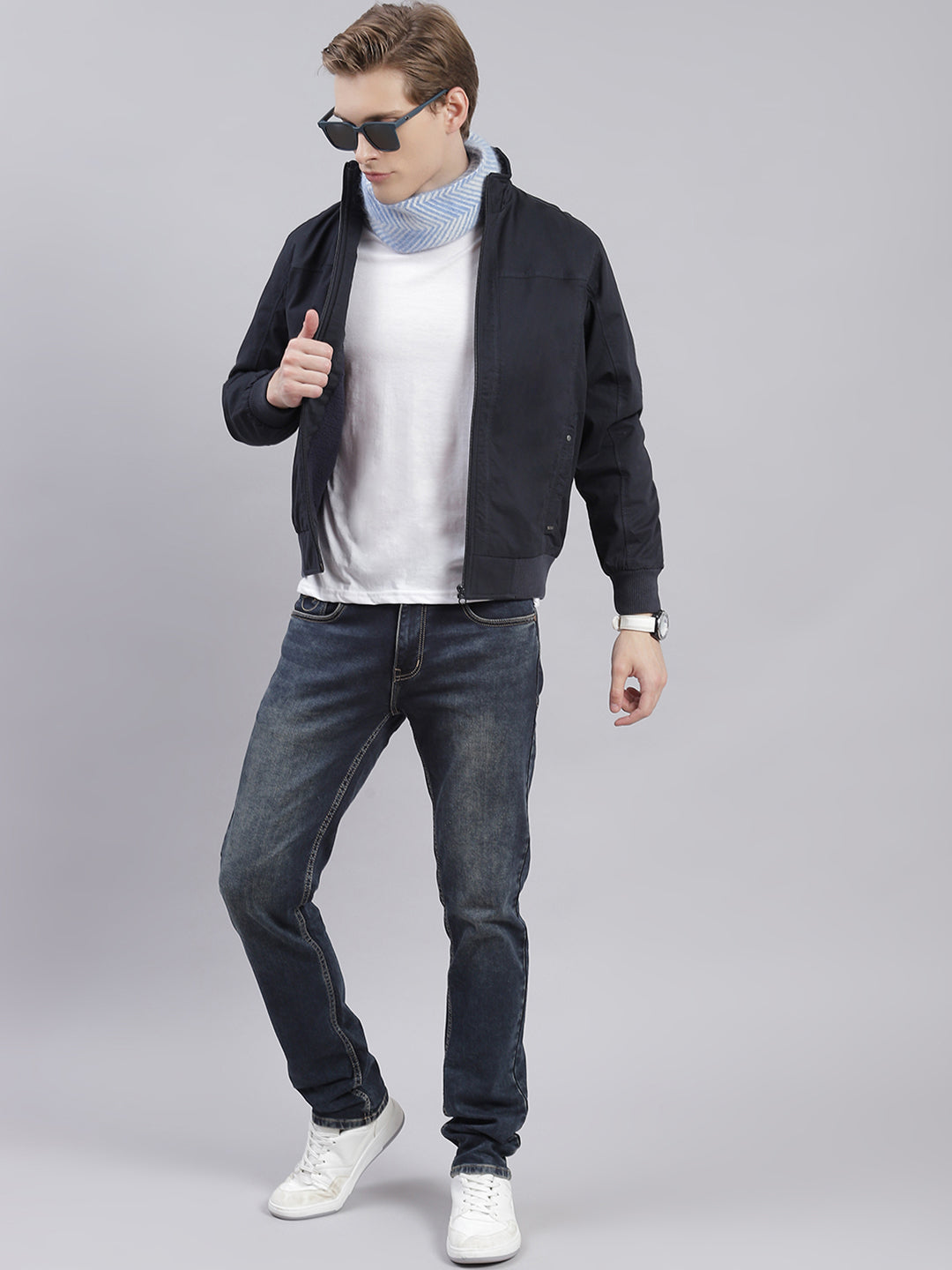 Men Navy Blue Solid Stand Collar Full Sleeve Jackets