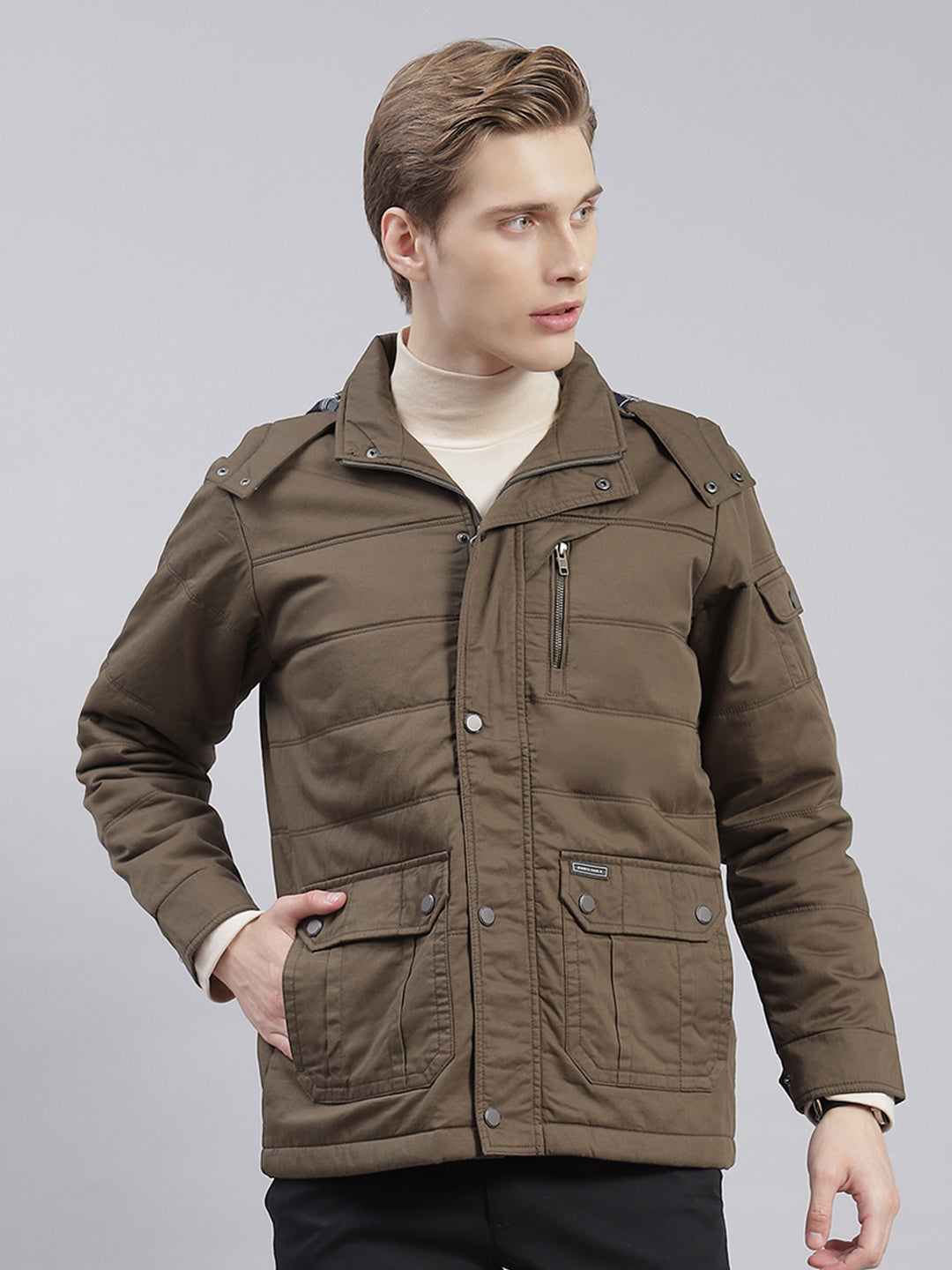 Men Olive Solid Hooded Full Sleeve Jackets