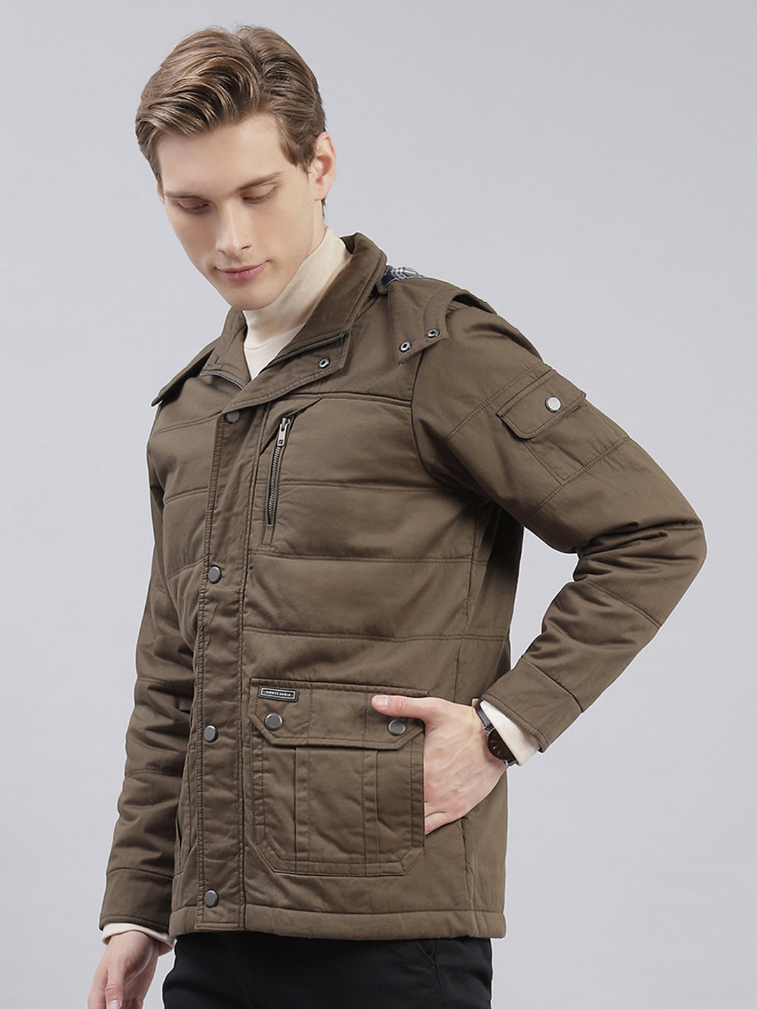 Men Olive Solid Hooded Full Sleeve Jackets