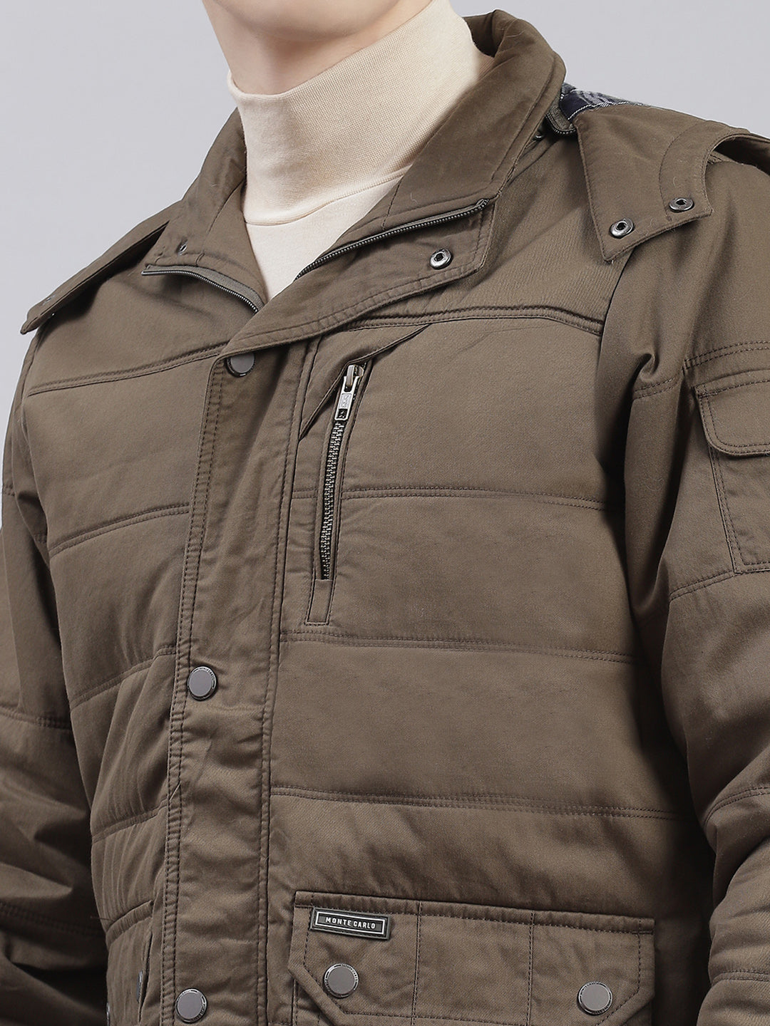 Men Olive Solid Hooded Full Sleeve Jackets