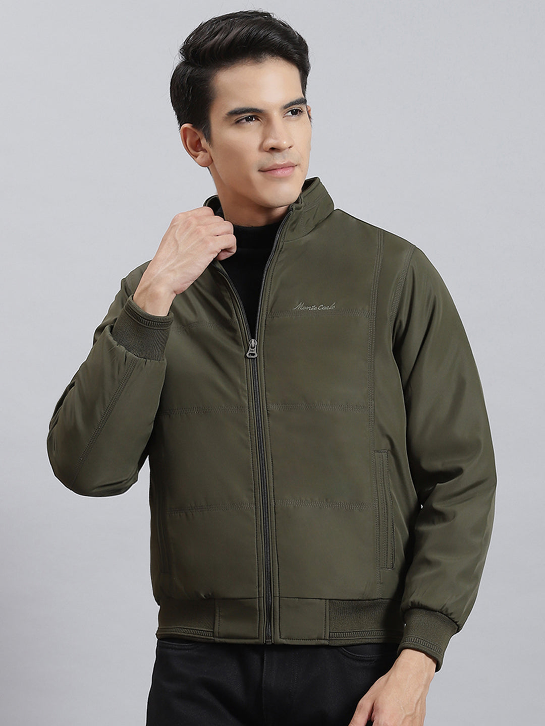 Men Olive Solid Stand Collar Full Sleeve Jackets