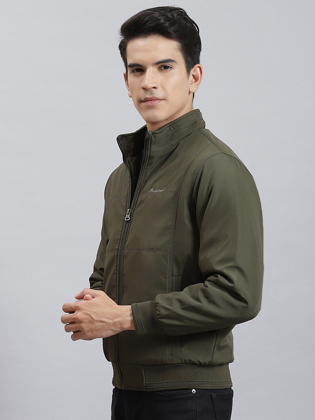 Men Olive Solid Stand Collar Full Sleeve Jackets