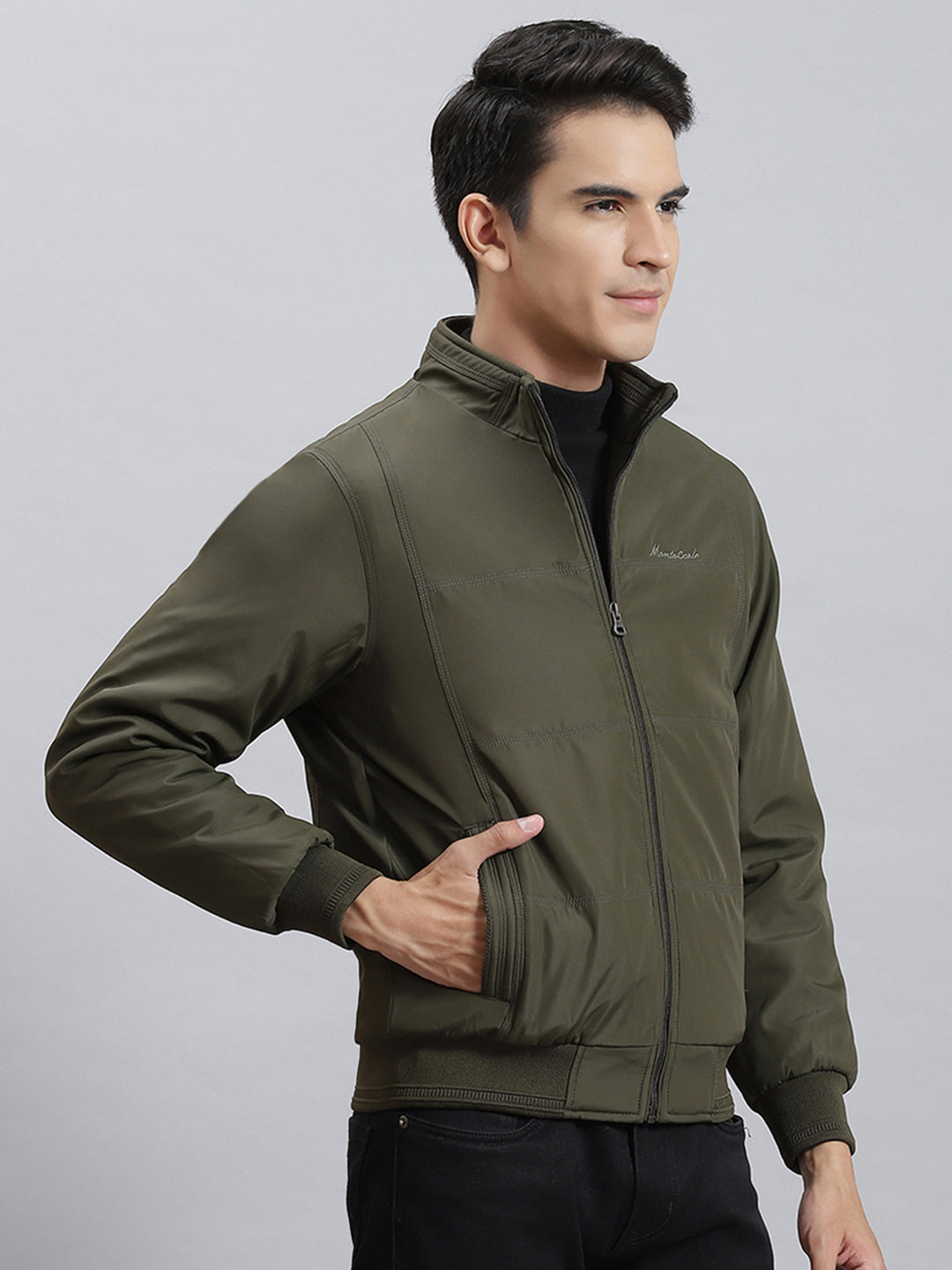 Men Olive Solid Stand Collar Full Sleeve Jackets