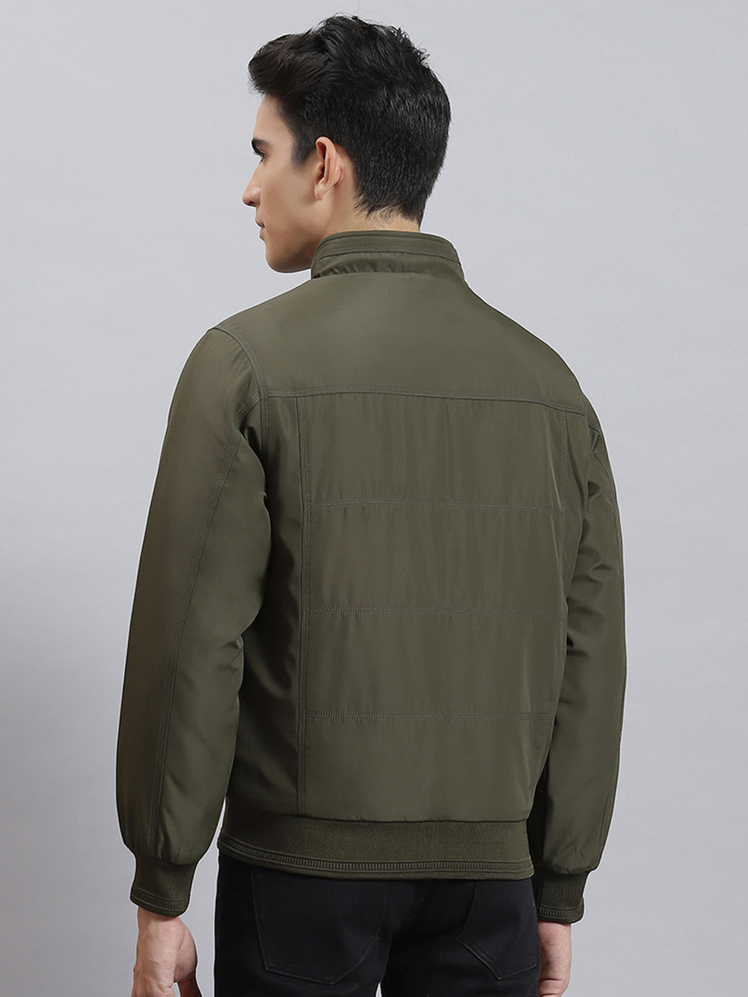 Men Olive Solid Stand Collar Full Sleeve Jackets