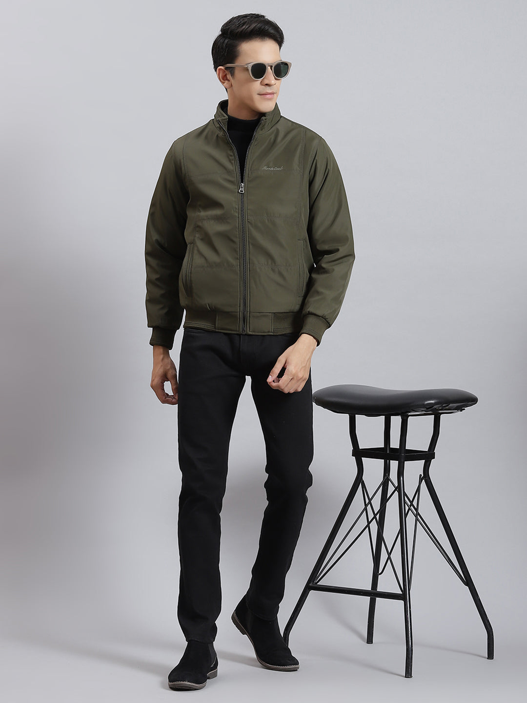 Men Olive Solid Stand Collar Full Sleeve Jackets