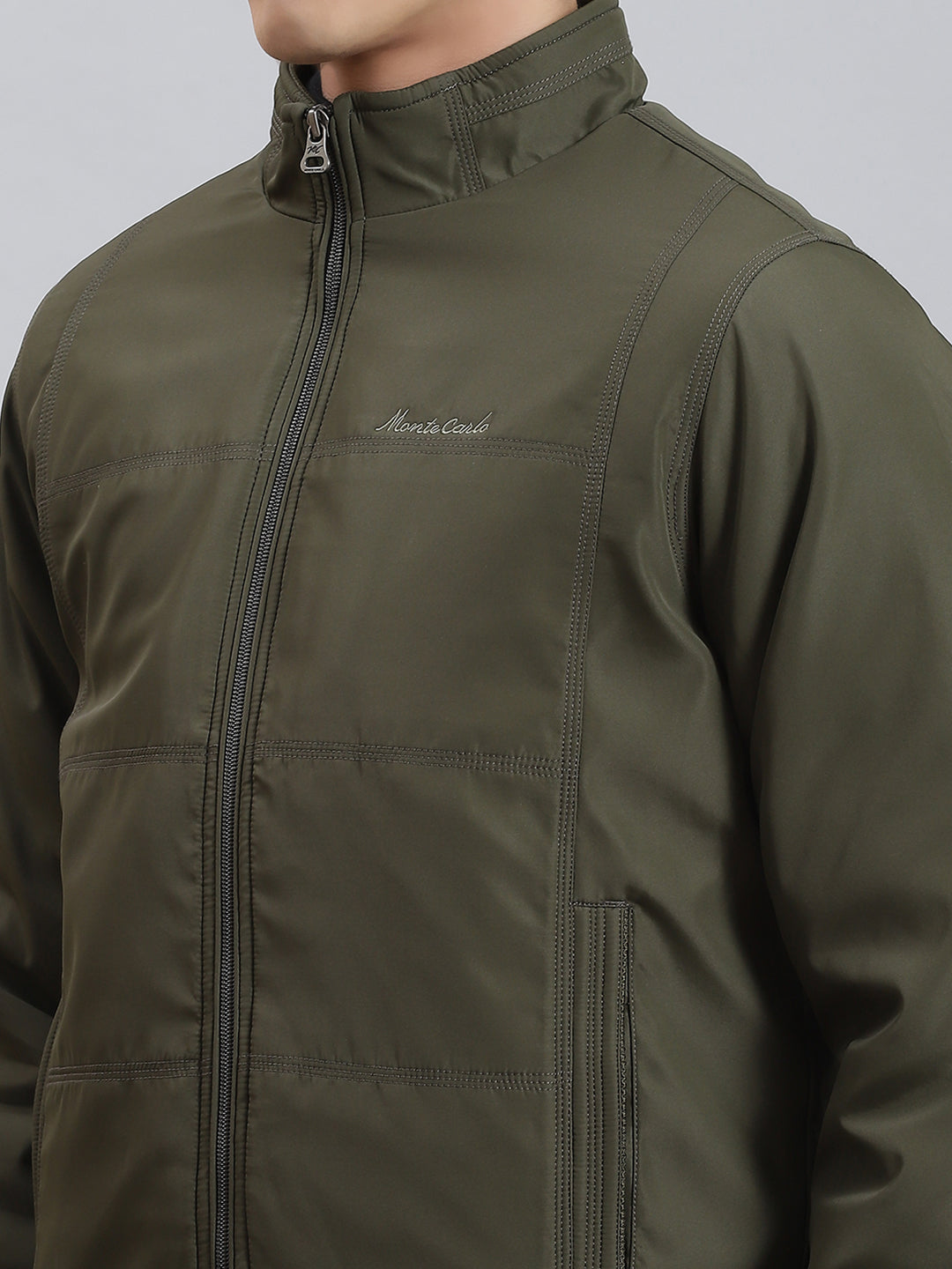 Men Olive Solid Stand Collar Full Sleeve Jackets