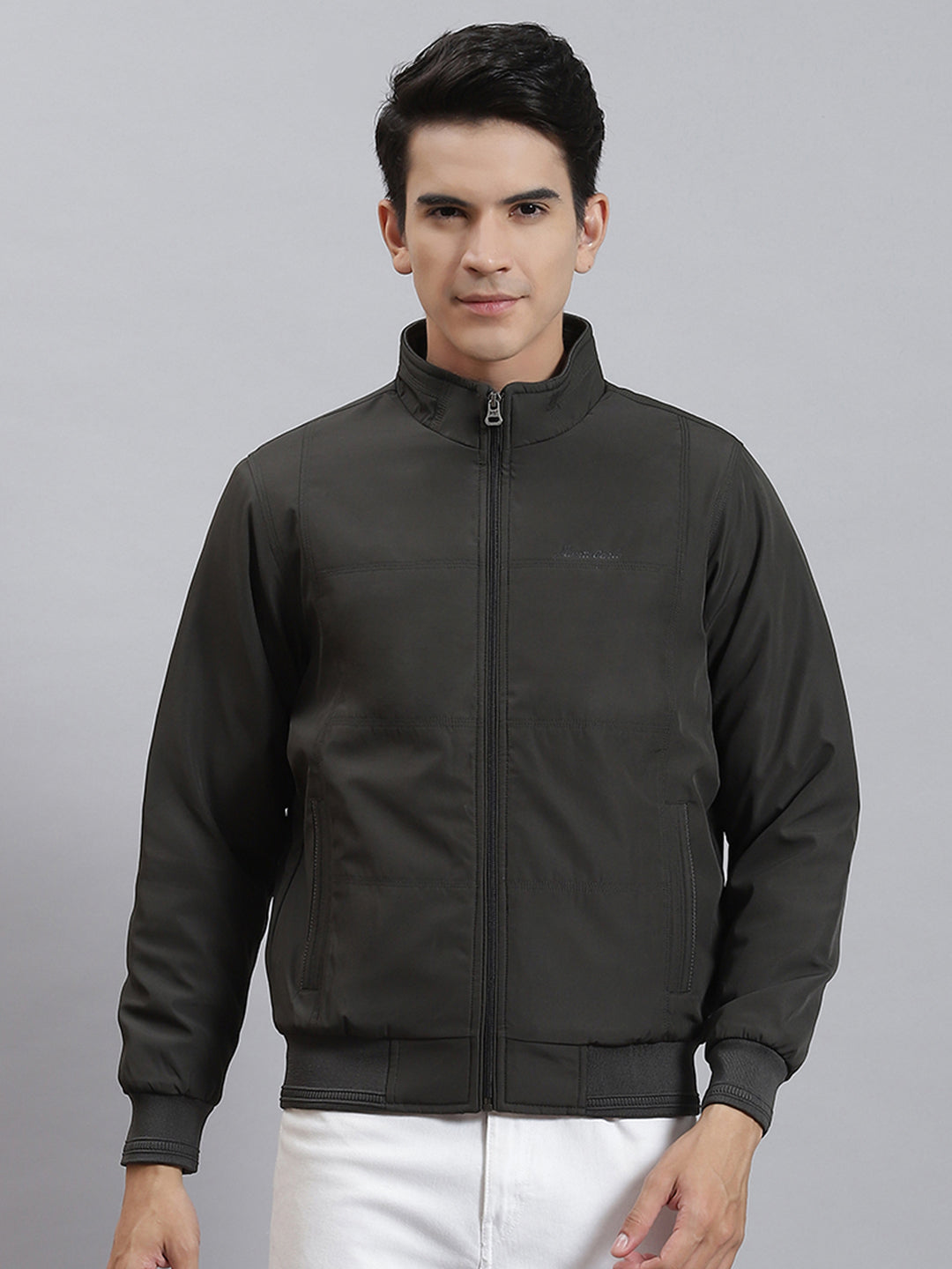 Men Olive Solid Stand Collar Full Sleeve Jackets