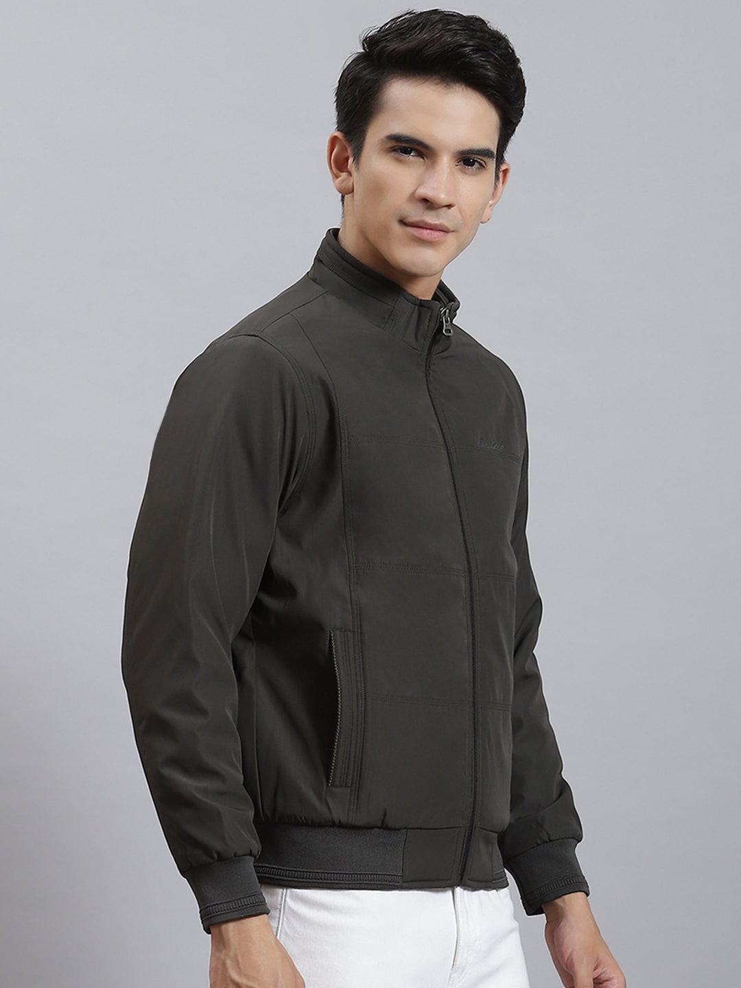 Men Olive Solid Stand Collar Full Sleeve Jackets