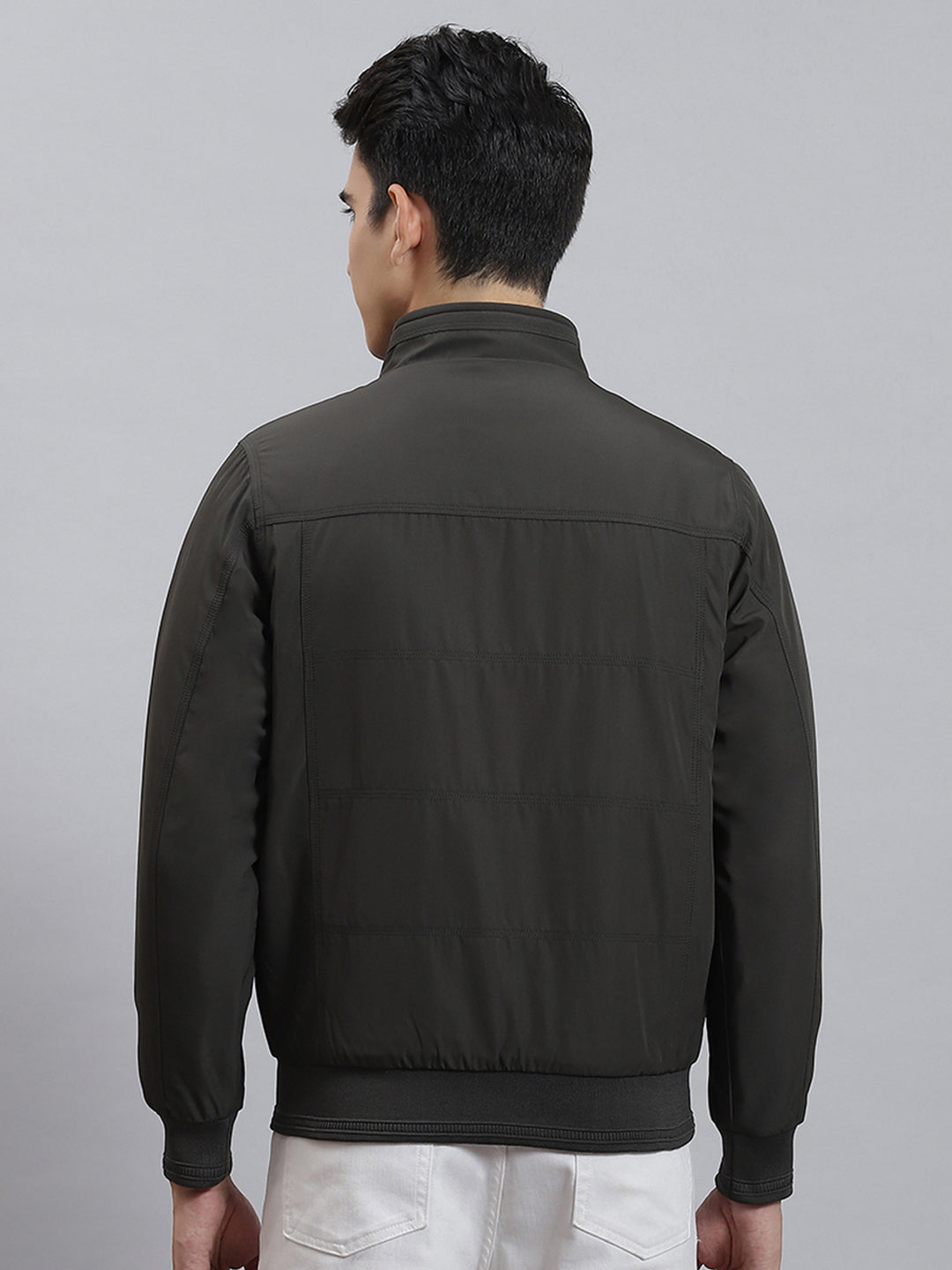 Men Olive Solid Stand Collar Full Sleeve Jackets