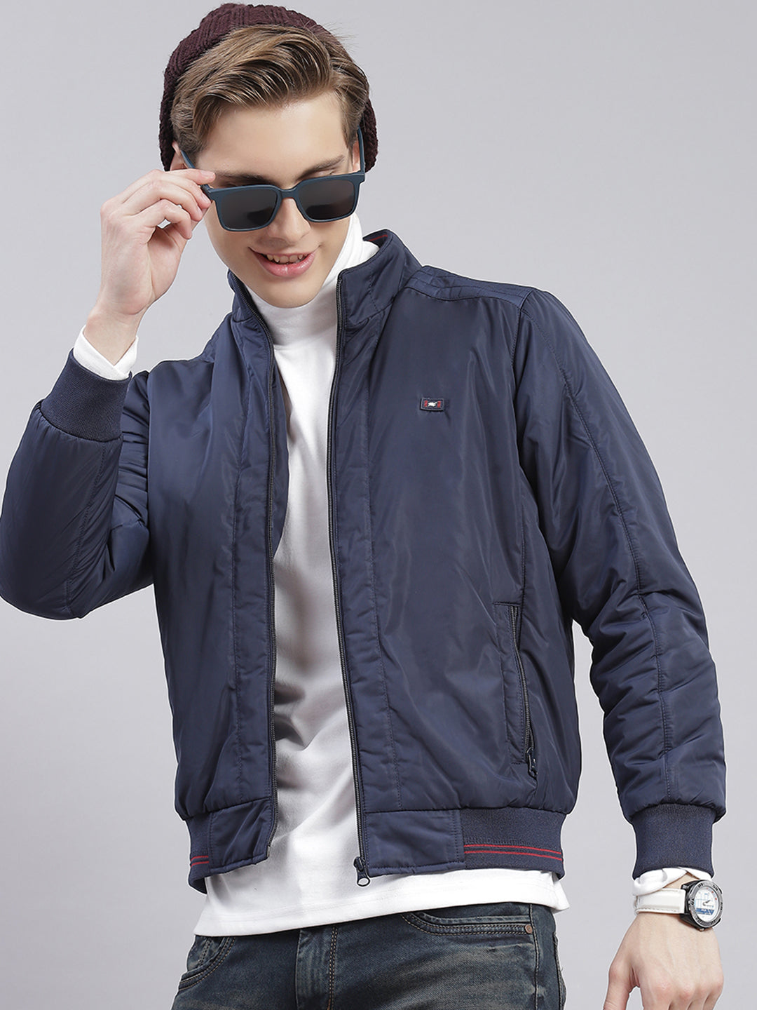 Men Blue Solid Stand Collar Full Sleeve Jackets
