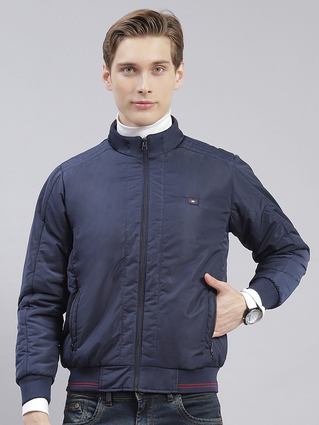 Men Blue Solid Stand Collar Full Sleeve Jackets