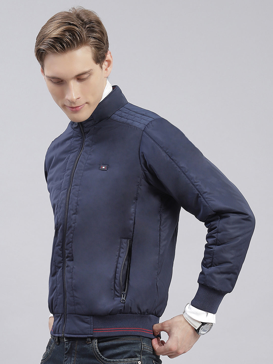 Men Blue Solid Stand Collar Full Sleeve Jackets
