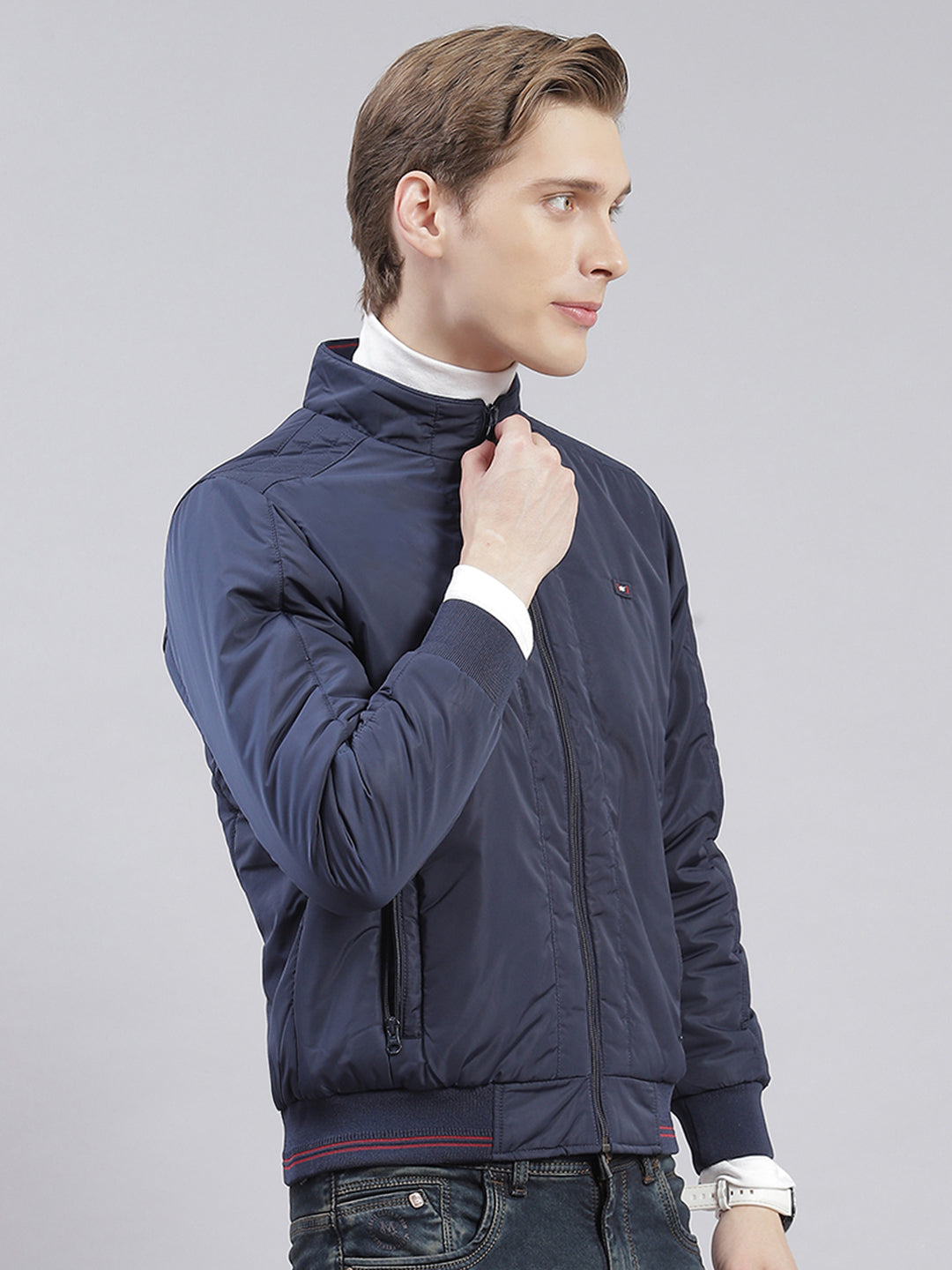 Men Blue Solid Stand Collar Full Sleeve Jackets