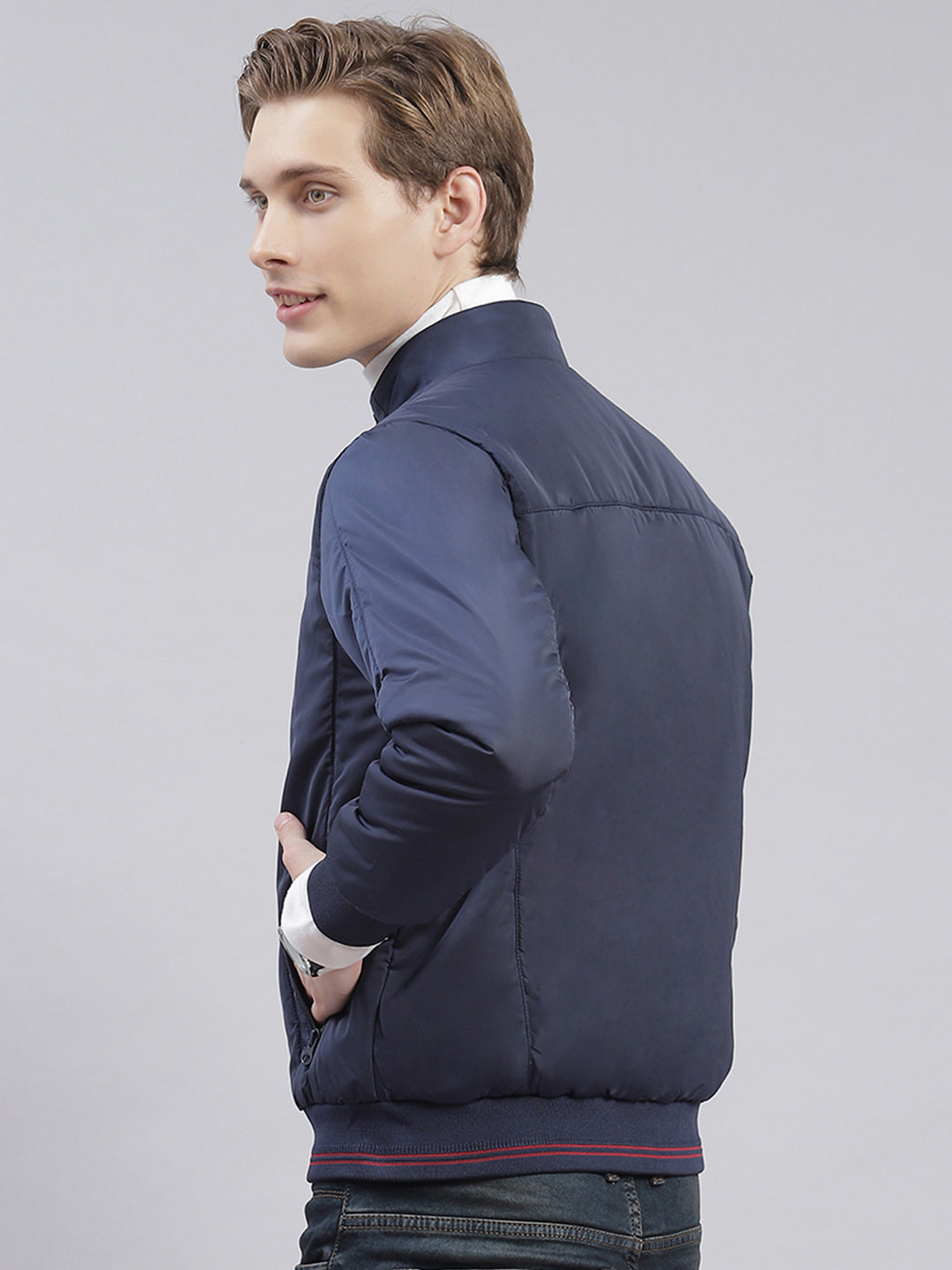 Men Blue Solid Stand Collar Full Sleeve Jackets