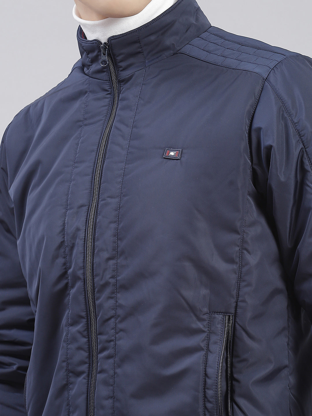 Men Blue Solid Stand Collar Full Sleeve Jackets