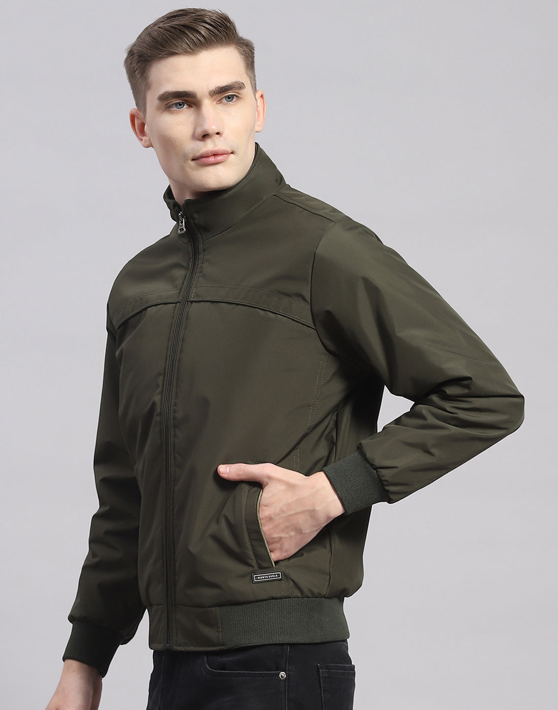 Men Olive Solid Stand Collar Full Sleeve Jacket