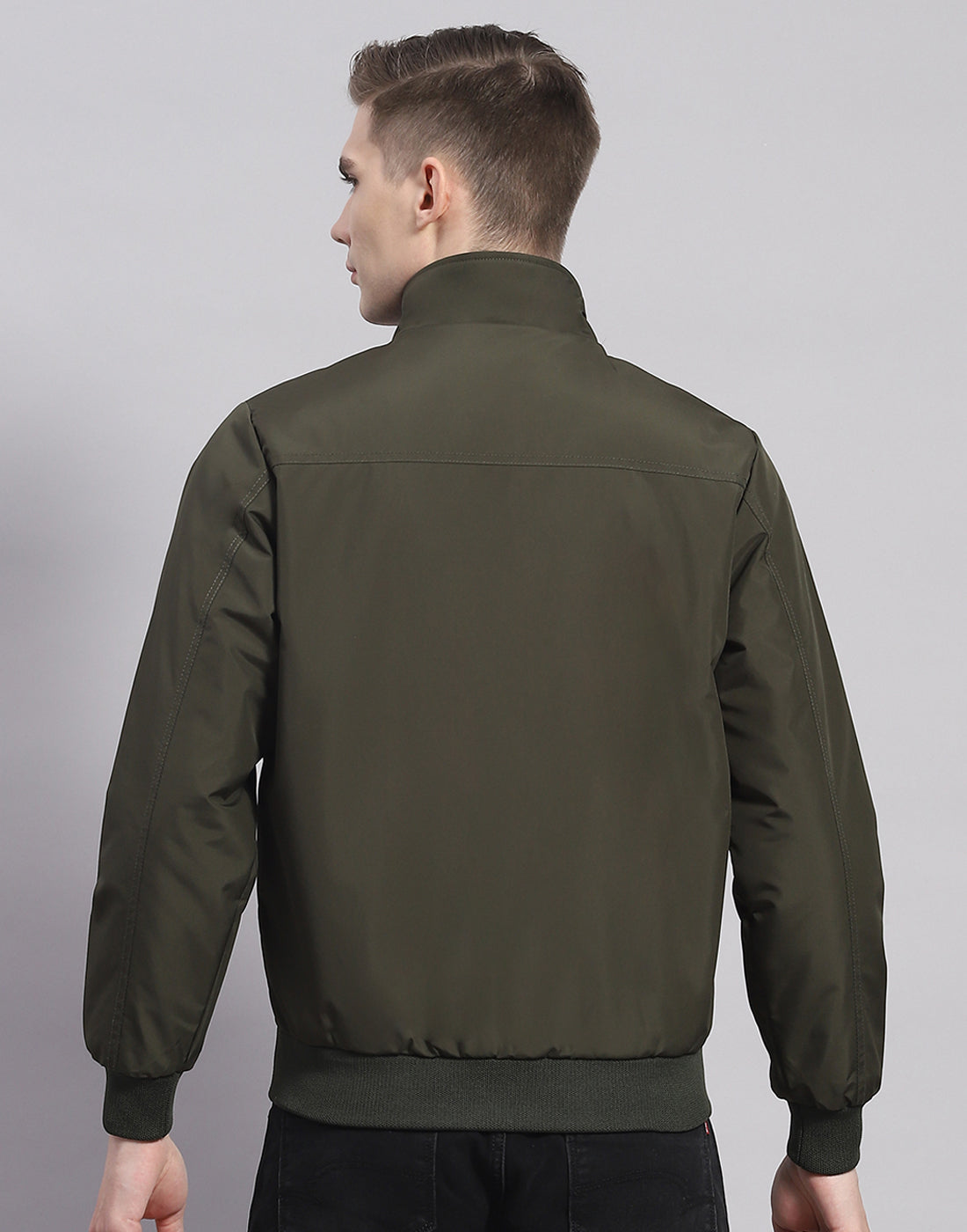 Men Olive Solid Stand Collar Full Sleeve Jacket