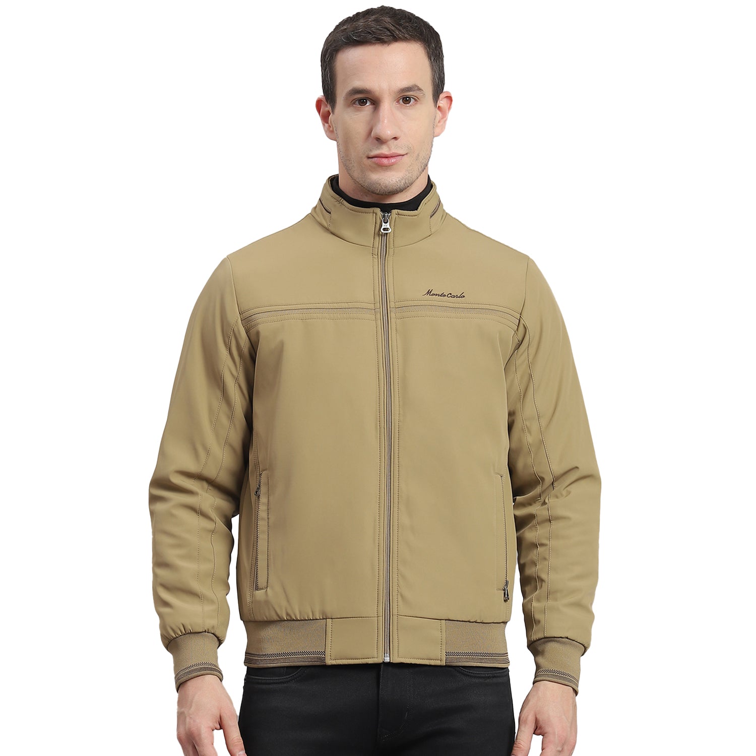 Men Beige Solid Stand Collar Full Sleeve Jacket
