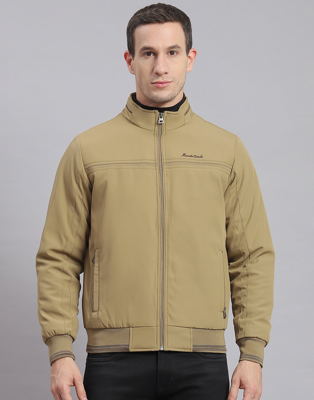 Men Beige Solid Stand Collar Full Sleeve Jacket