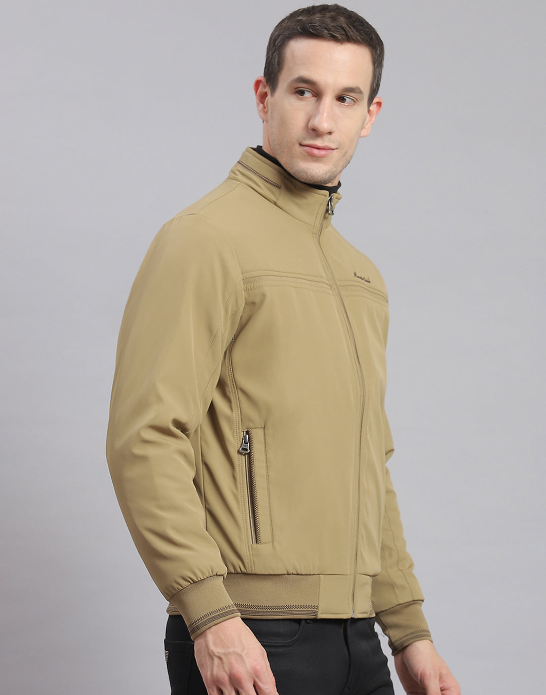Men Beige Solid Stand Collar Full Sleeve Jacket