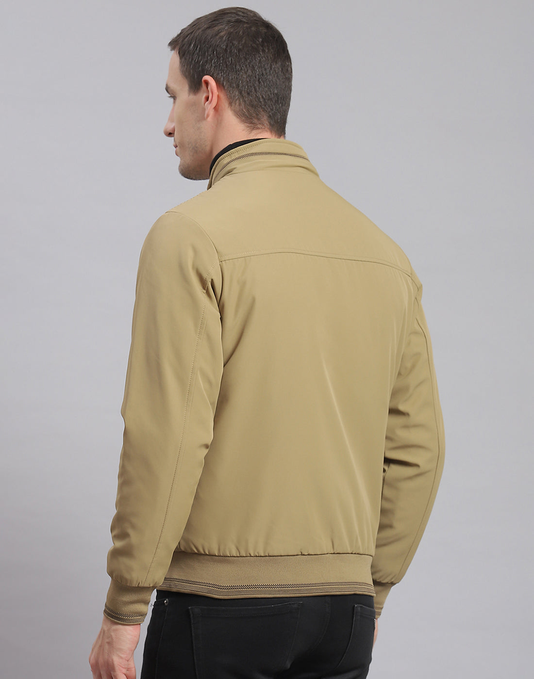 Men Beige Solid Stand Collar Full Sleeve Jacket