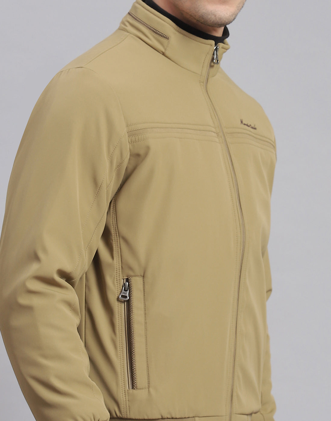 Men Beige Solid Stand Collar Full Sleeve Jacket