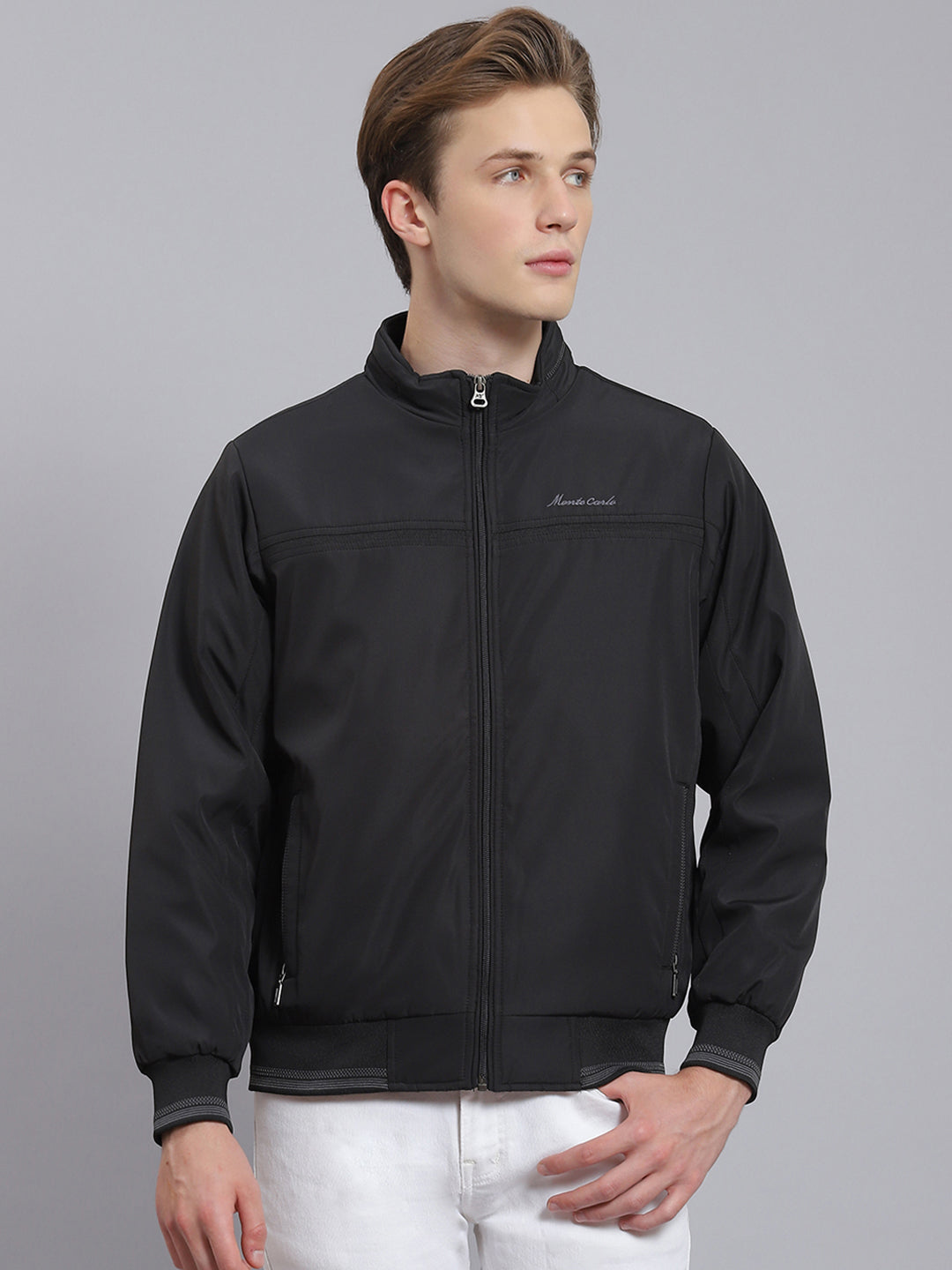 Men Black Solid Stand Collar Full Sleeve Jacket