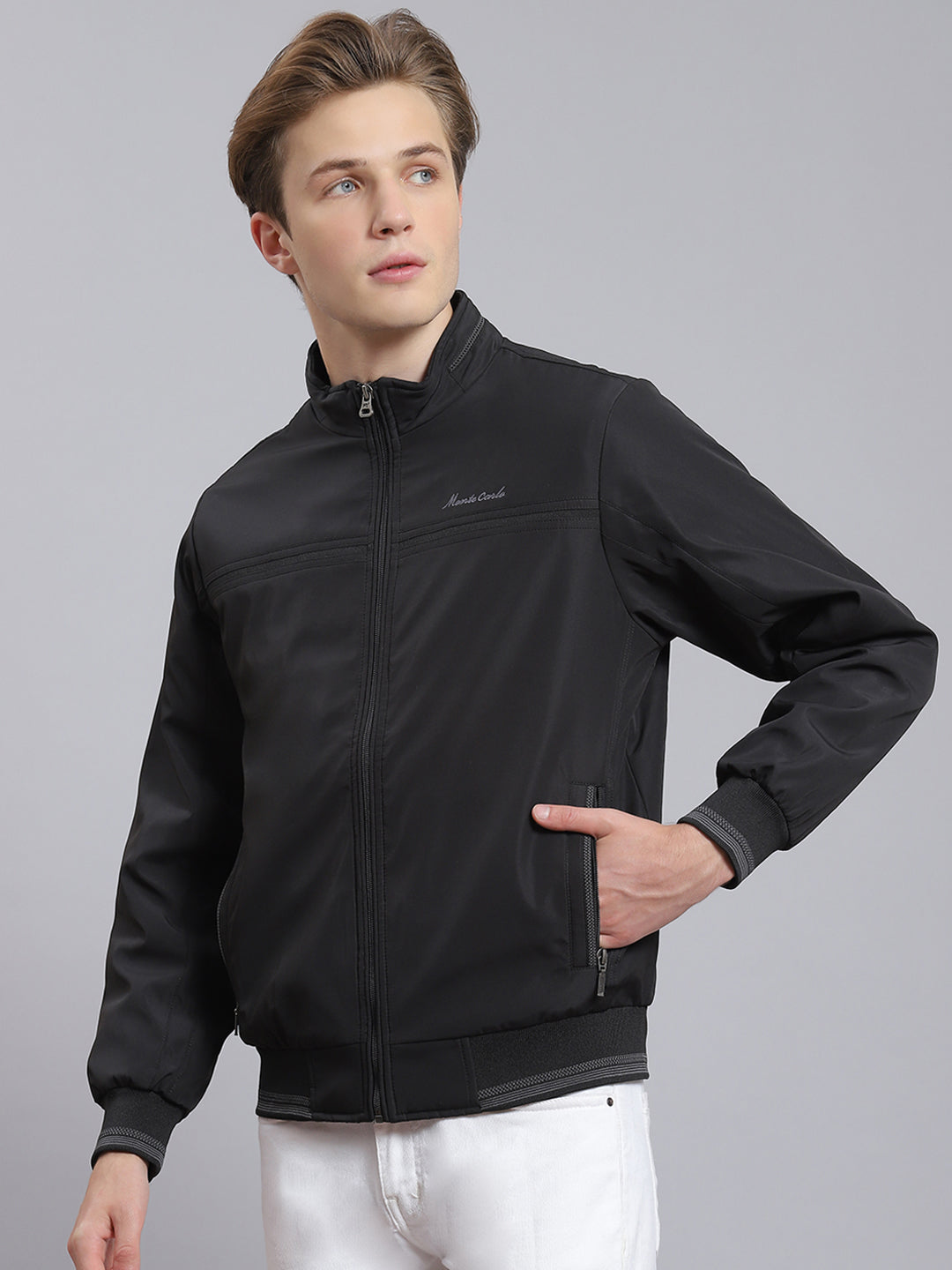 Men Black Solid Stand Collar Full Sleeve Jacket
