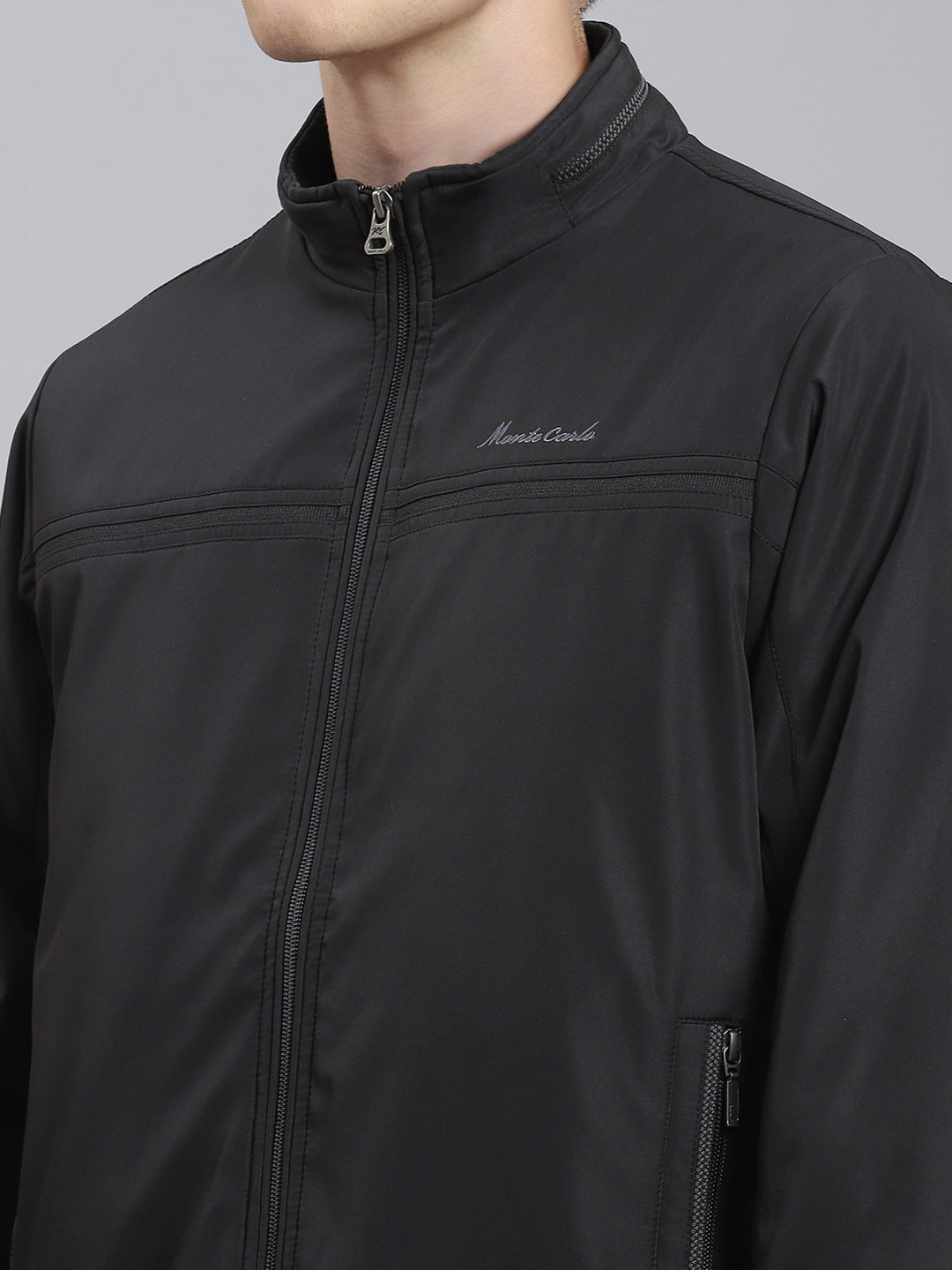 Men Black Solid Stand Collar Full Sleeve Jacket