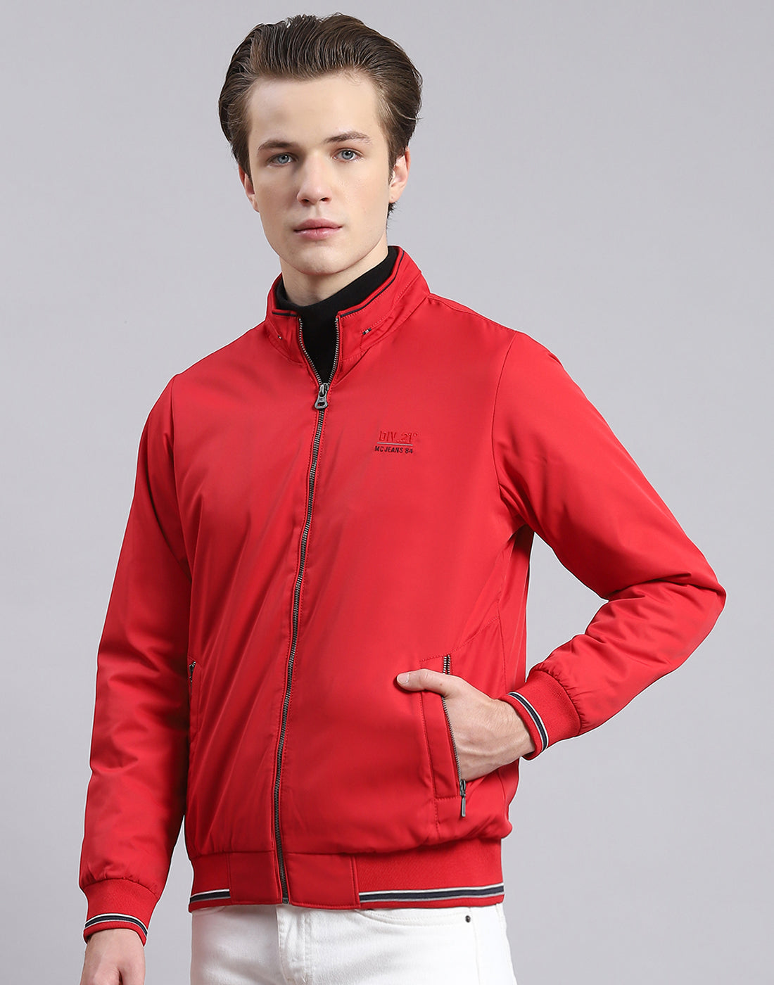 Men Red Solid Stand Collar Full Sleeve Jacket