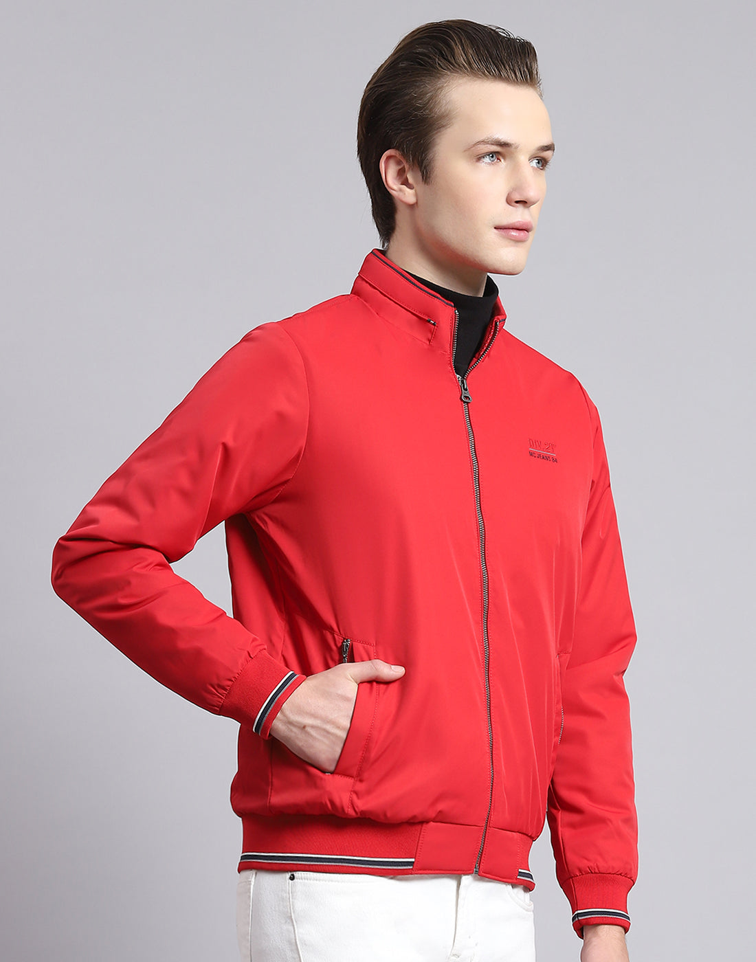 Men Red Solid Stand Collar Full Sleeve Jacket