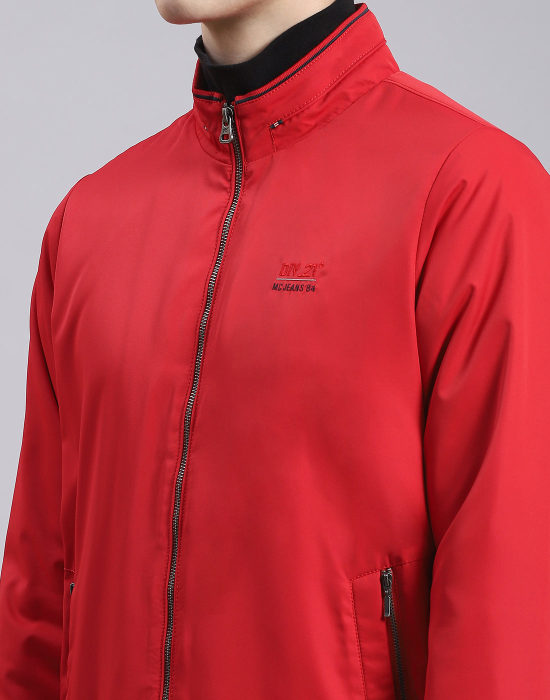 Men Red Solid Stand Collar Full Sleeve Jacket