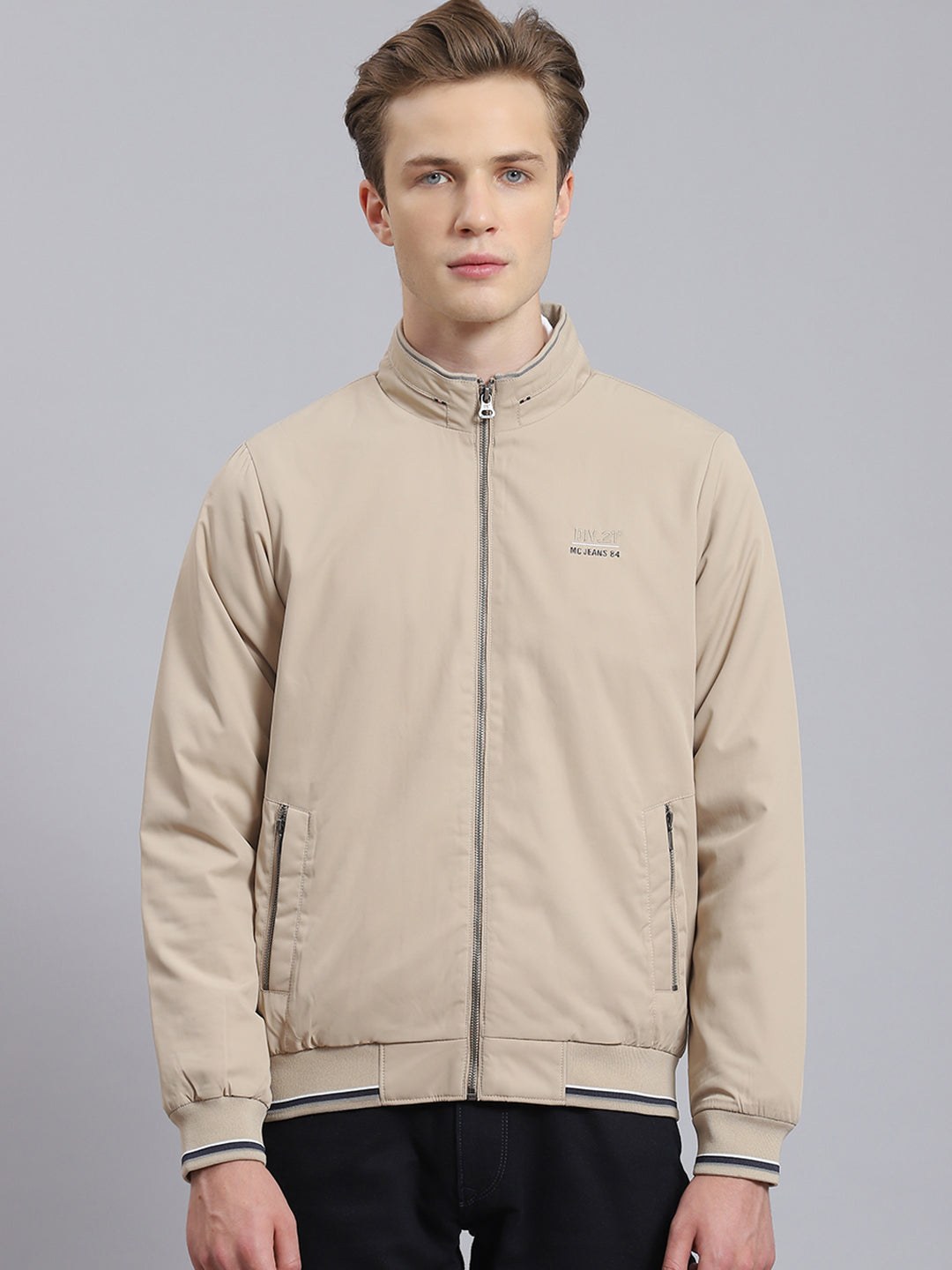 Men Beige Solid Stand Collar Full Sleeve Jacket